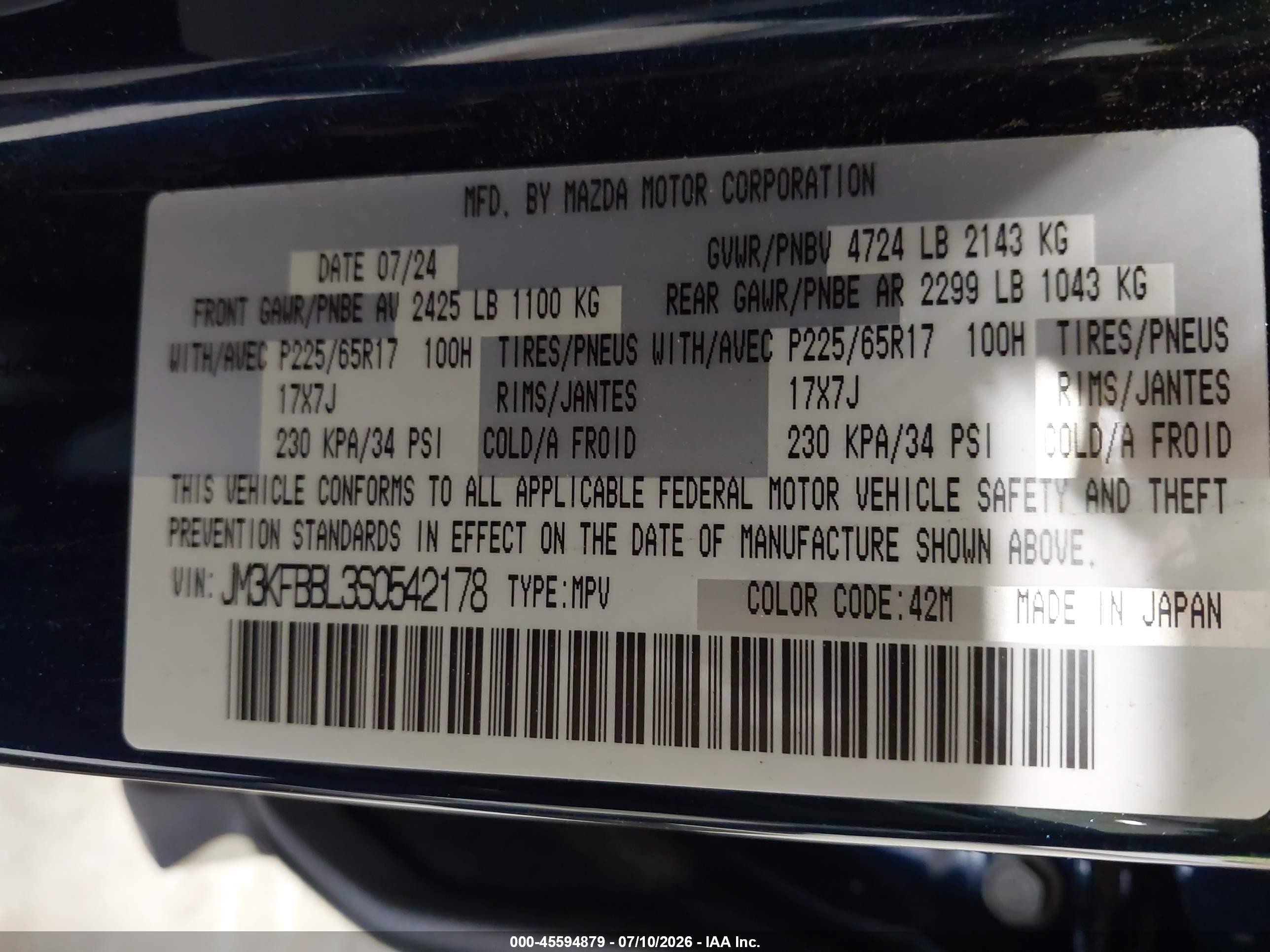 2025 Mazda Cx-5 VIN JM3KFBBL3S0542178 IAAI salvage auction — Front & Rear, Mv-907A (New York), sold $4,600 on 2026-09-09 (photo 9)