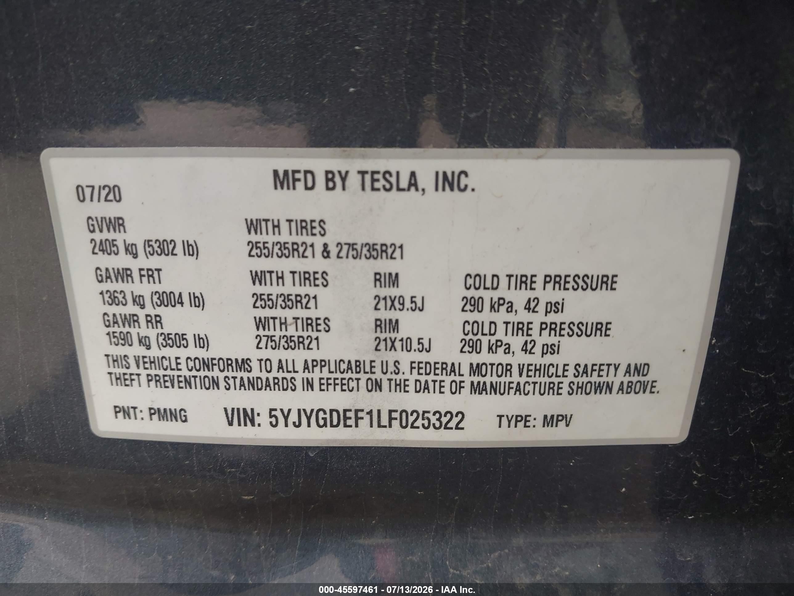 2020 Tesla Model y VIN 5YJYGDEF1LF025322 IAAI salvage auction — Side, Original (Texas), sold $9,600 on 2026-10-08 (photo 9)