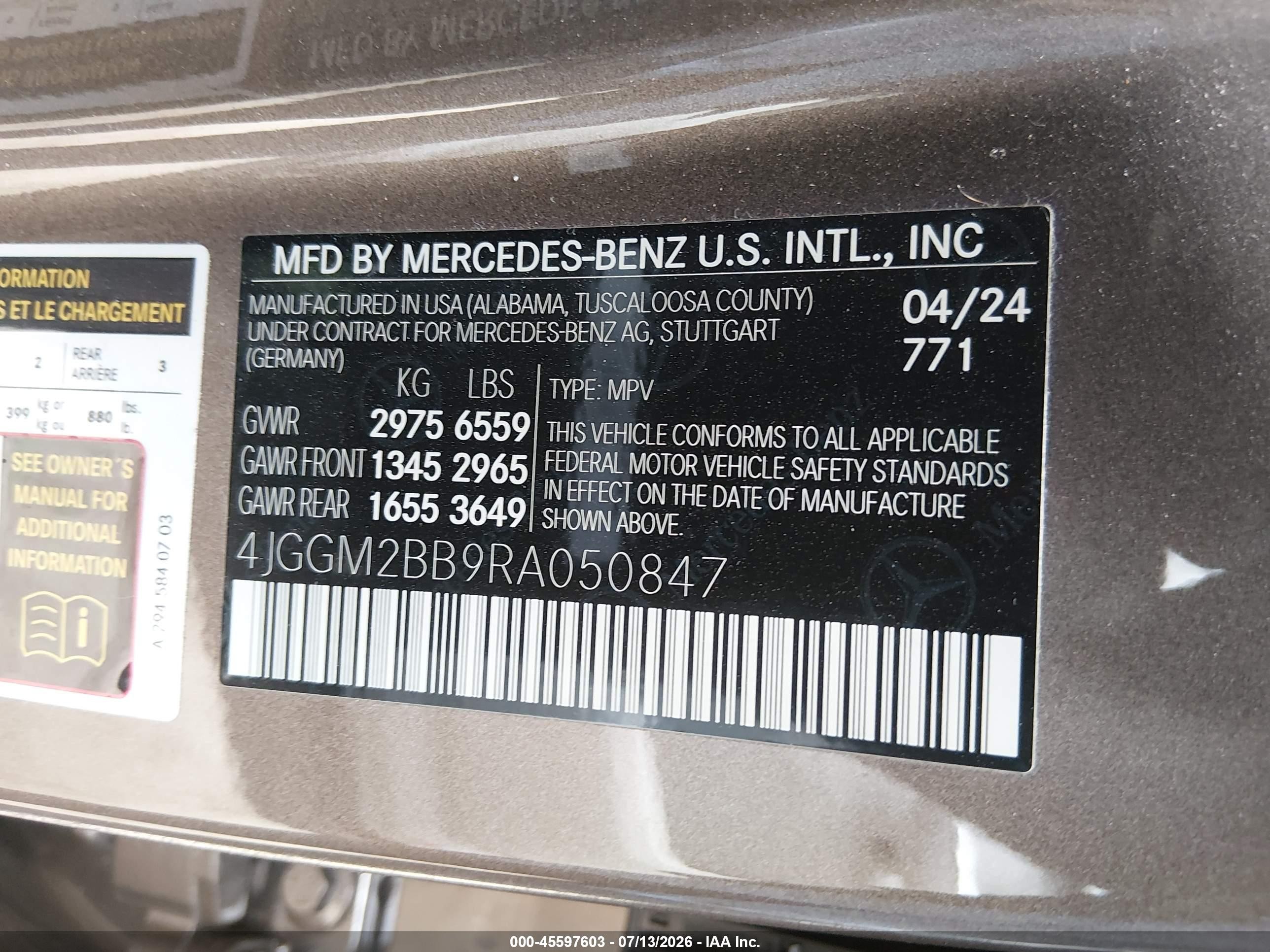 2024 Mercedes-benz VIN 4JGGM2BB9RA050847 IAAI salvage auction — Rear End, Salvage (California), sold $23,400 on 2026-08-16 (photo 9)