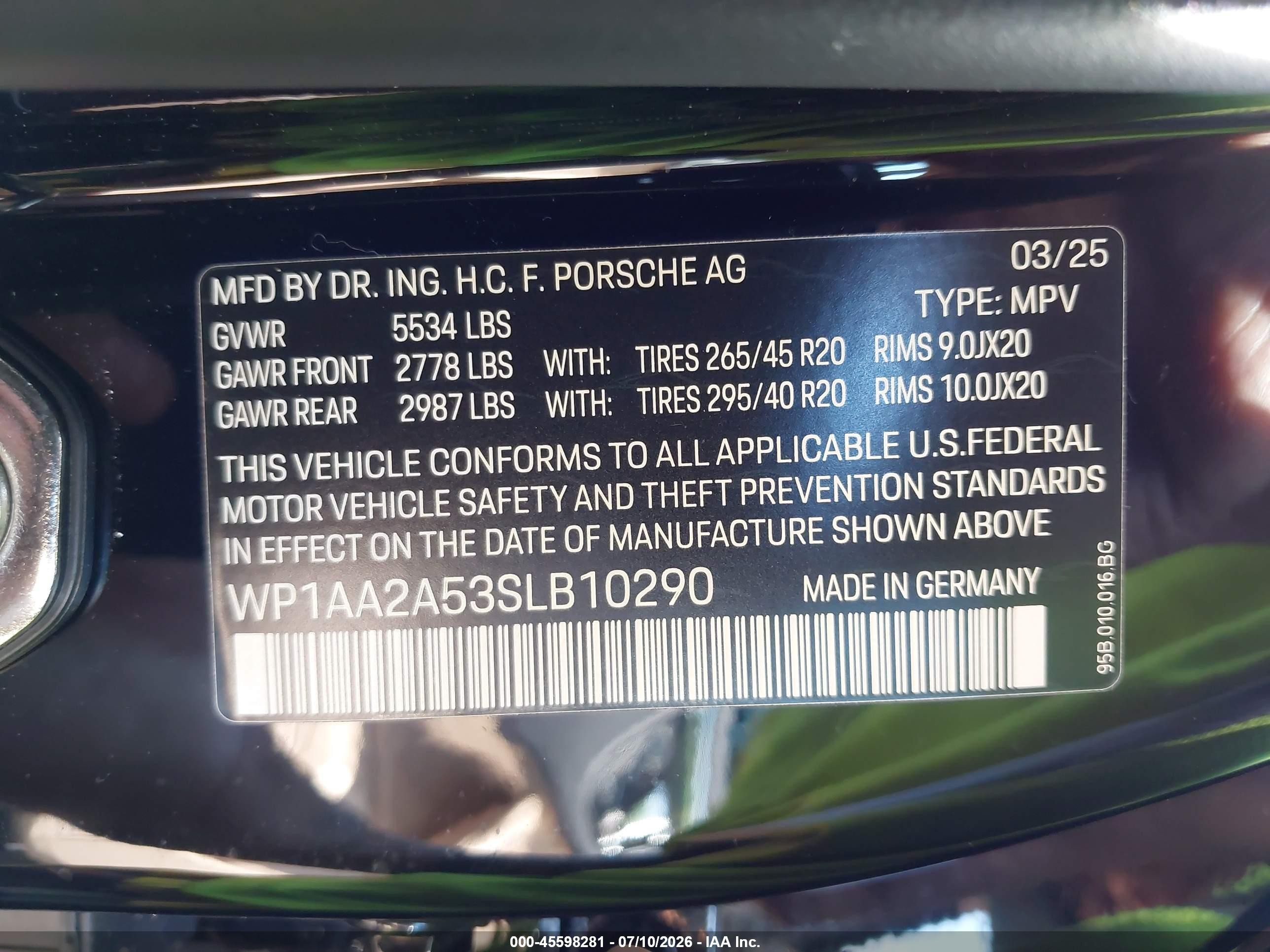 2025 Porsche Macan VIN WP1AA2A53SLB10290 IAAI salvage auction — Front End, Salvage (Idaho), sold $19,100 on 2026-08-26 (photo 9)
