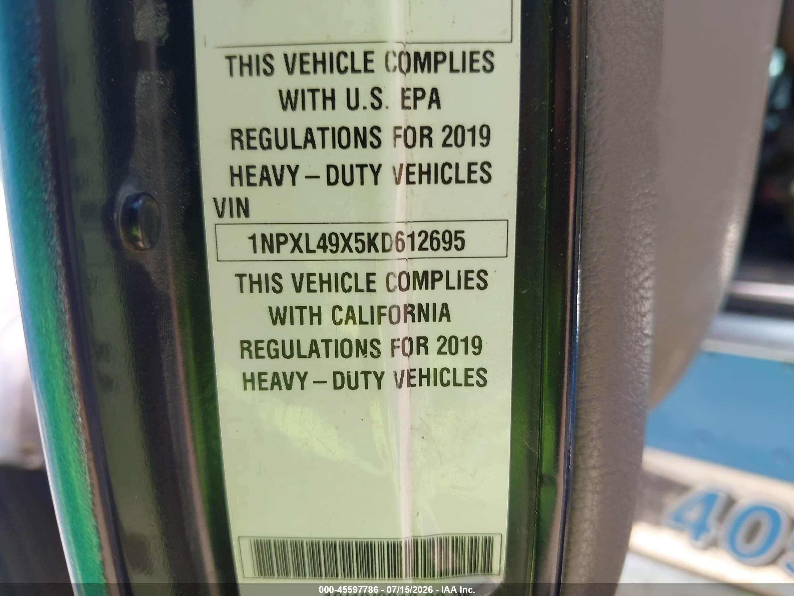 2019 Peterbilt 389 VIN 1NPXL49X5KD612695 IAAI salvage auction — Rollover, Salvage (California), sold $25,600 on 2026-08-12 (photo 9)