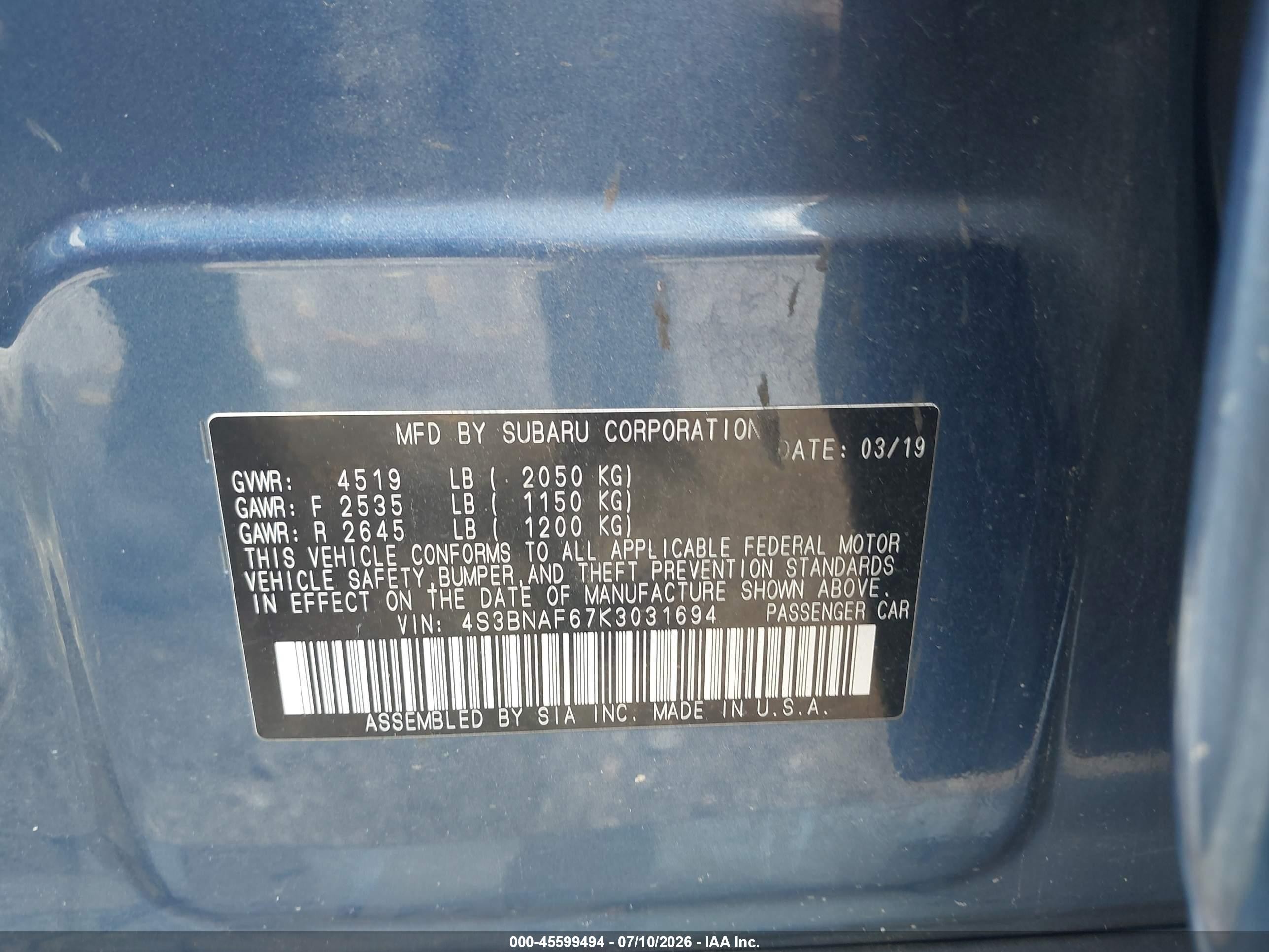 2019 Subaru LEGACY VIN 4S3BNAF67K3031694 IAAI salvage auction — Front End, Salvage (Tennessee), sold $400 on 2026-08-27 (photo 9)