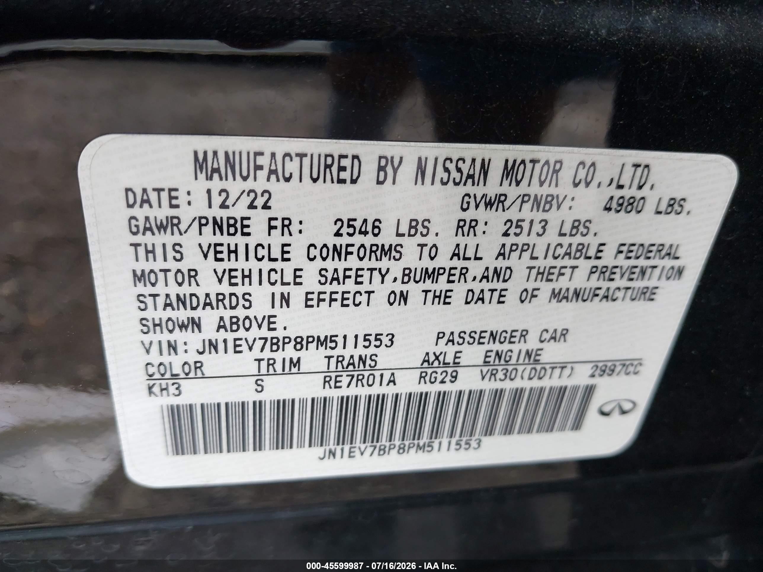 2023 Infiniti Q50 VIN JN1EV7BP8PM511553 IAAI salvage auction — Water/Flood, Salvage (Texas), sold $3,600 on 2026-09-03 (photo 9)