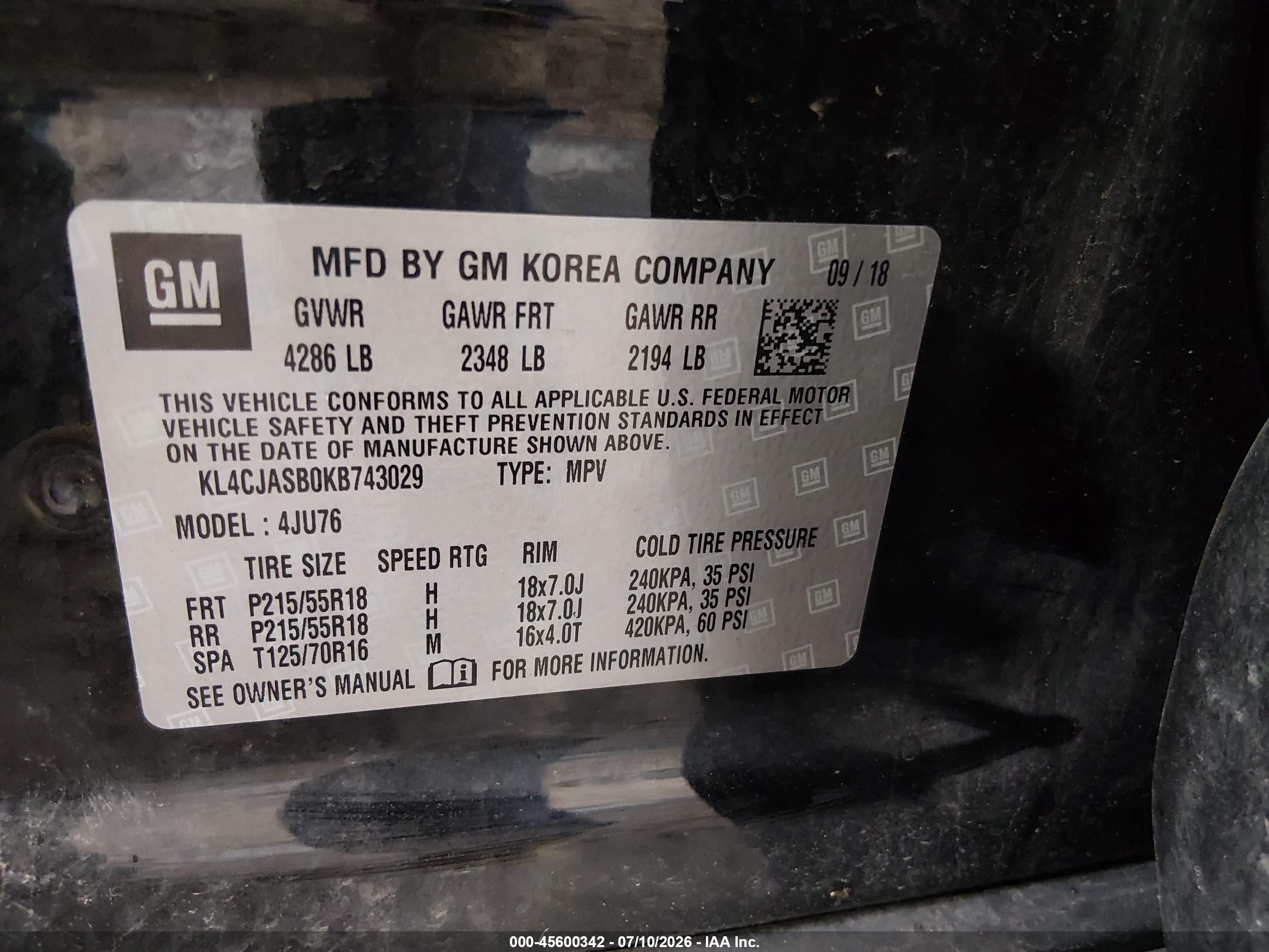 2019 Buick Encore VIN KL4CJASB0KB743029 IAAI salvage auction — Front End, Salvage (Ohio), sold $1,100 on 2026-09-10 (photo 9)