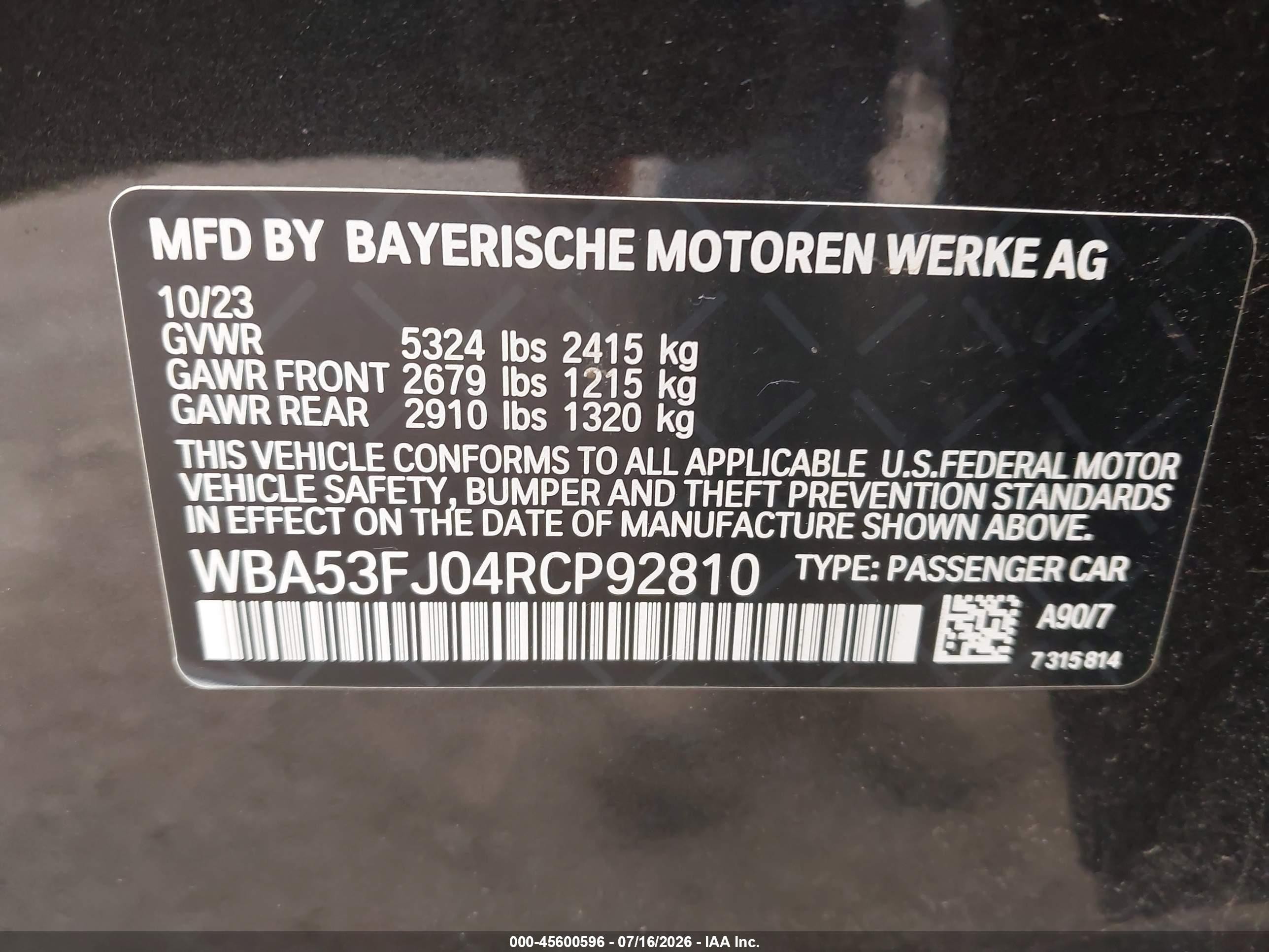 2024 BMW 5er VIN WBA53FJ04RCP92810 IAAI salvage auction — Side, Salvage (Idaho), sold $20,000 on 2026-08-20 (photo 9)