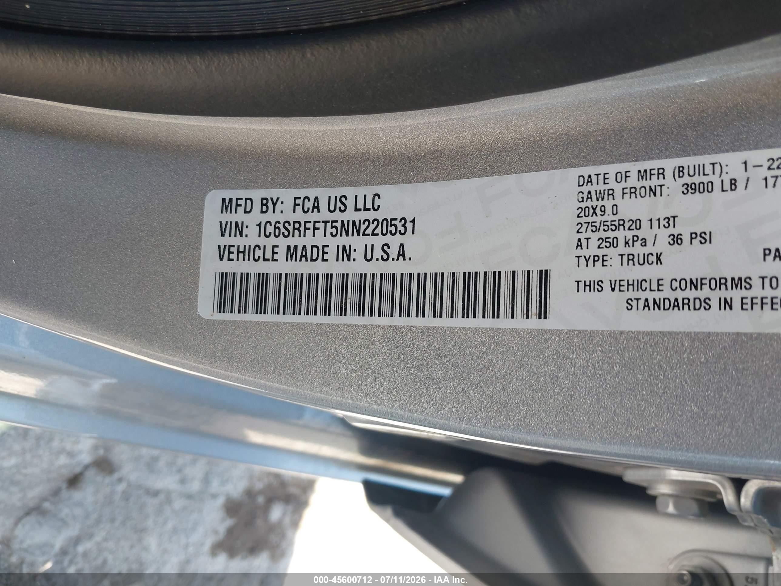 2022 Ram 1500 VIN 1C6SRFFT5NN220531 IAAI salvage auction — Rear End, Clear (Oklahoma), sold $11,050 on 2026-09-09 (photo 9)