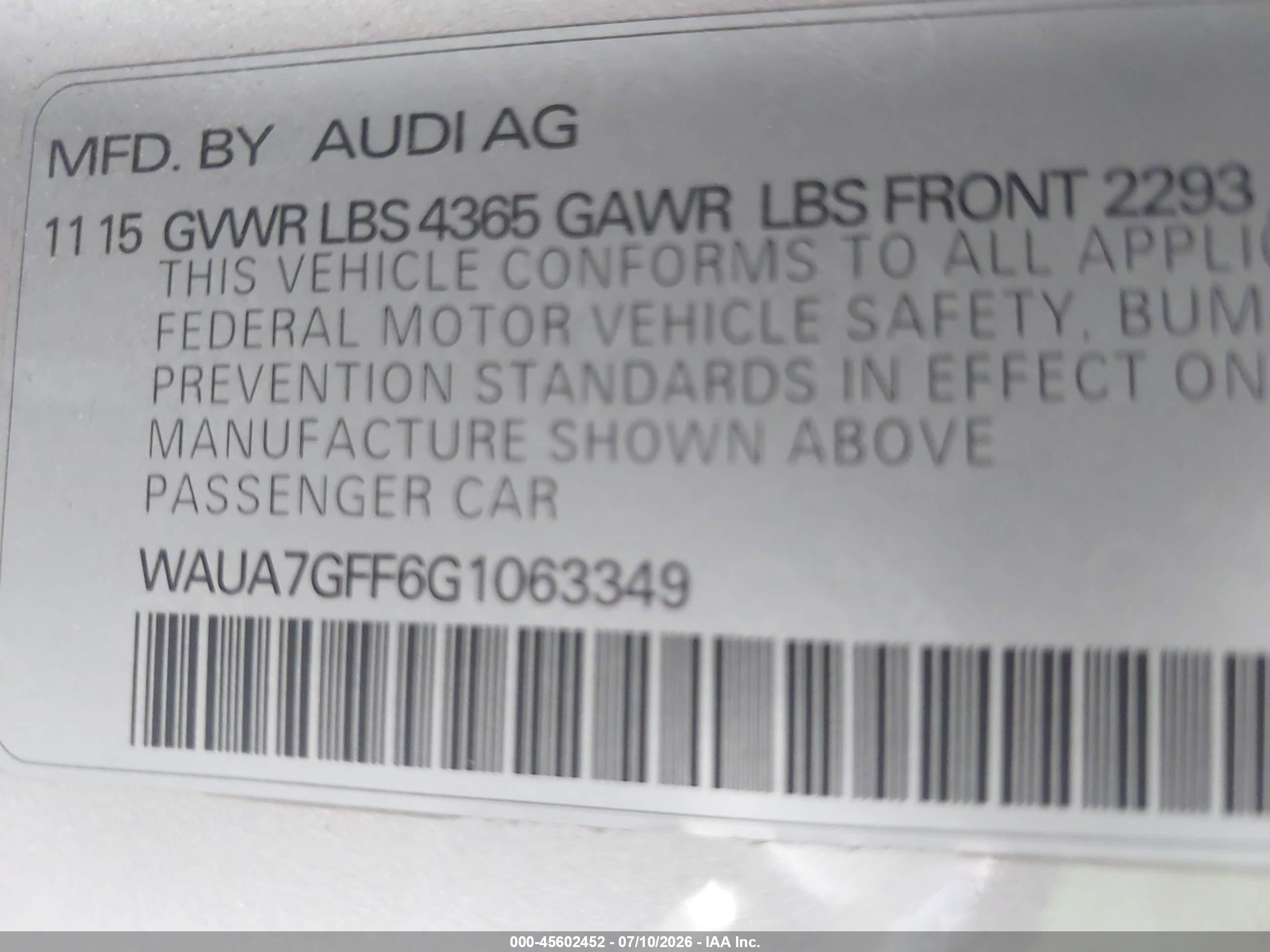 2016 Audi A3 VIN WAUA7GFF6G1063349 IAAI salvage auction — Unknown, Salvage (California), sold $1,550 on 2026-09-13 (photo 9)
