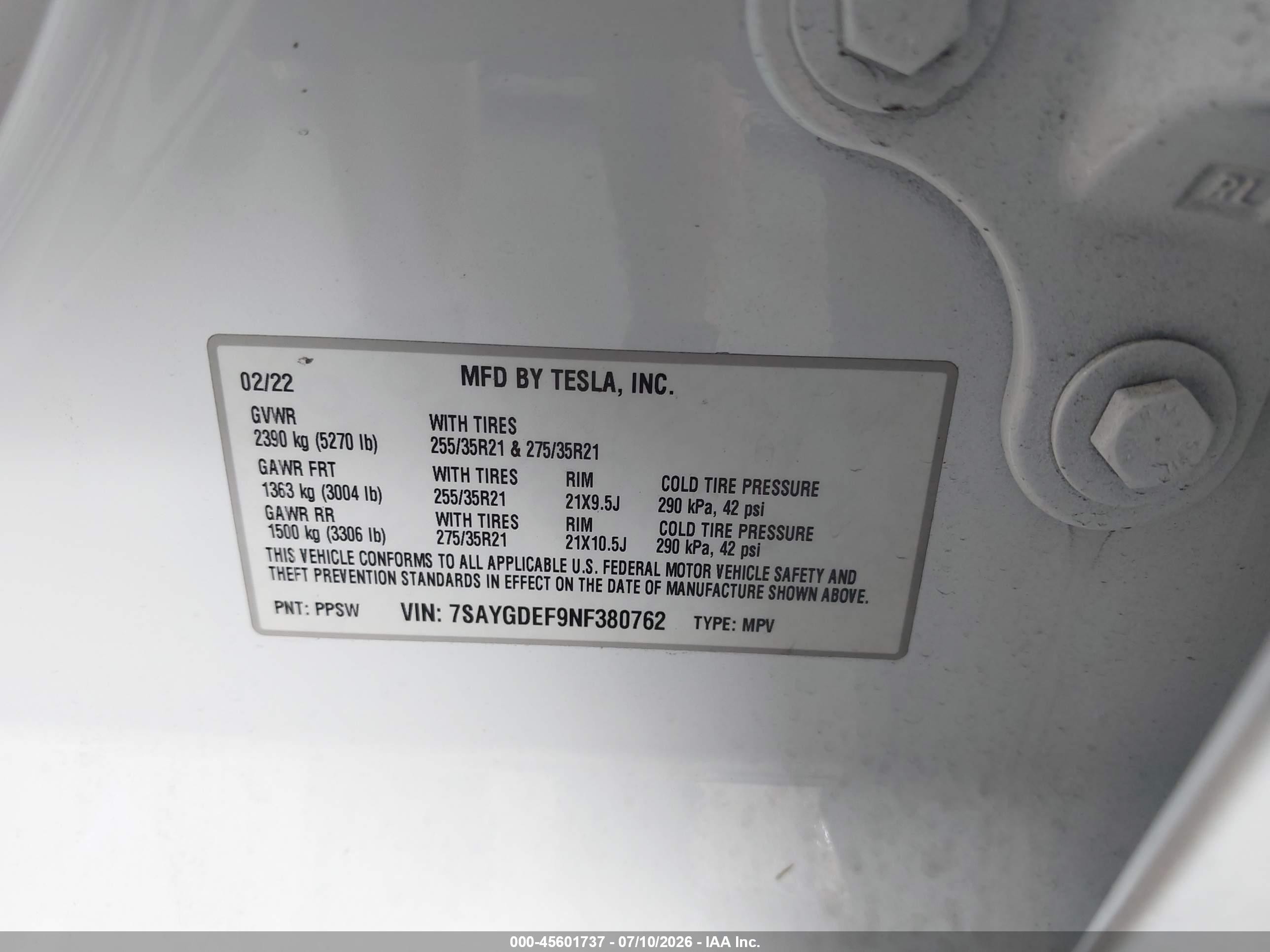 2022 Tesla Model y VIN 7SAYGDEF9NF380762 IAAI salvage auction — Front End, Rebuildable (Florida), sold $10,600 on 2026-09-04 (photo 9)