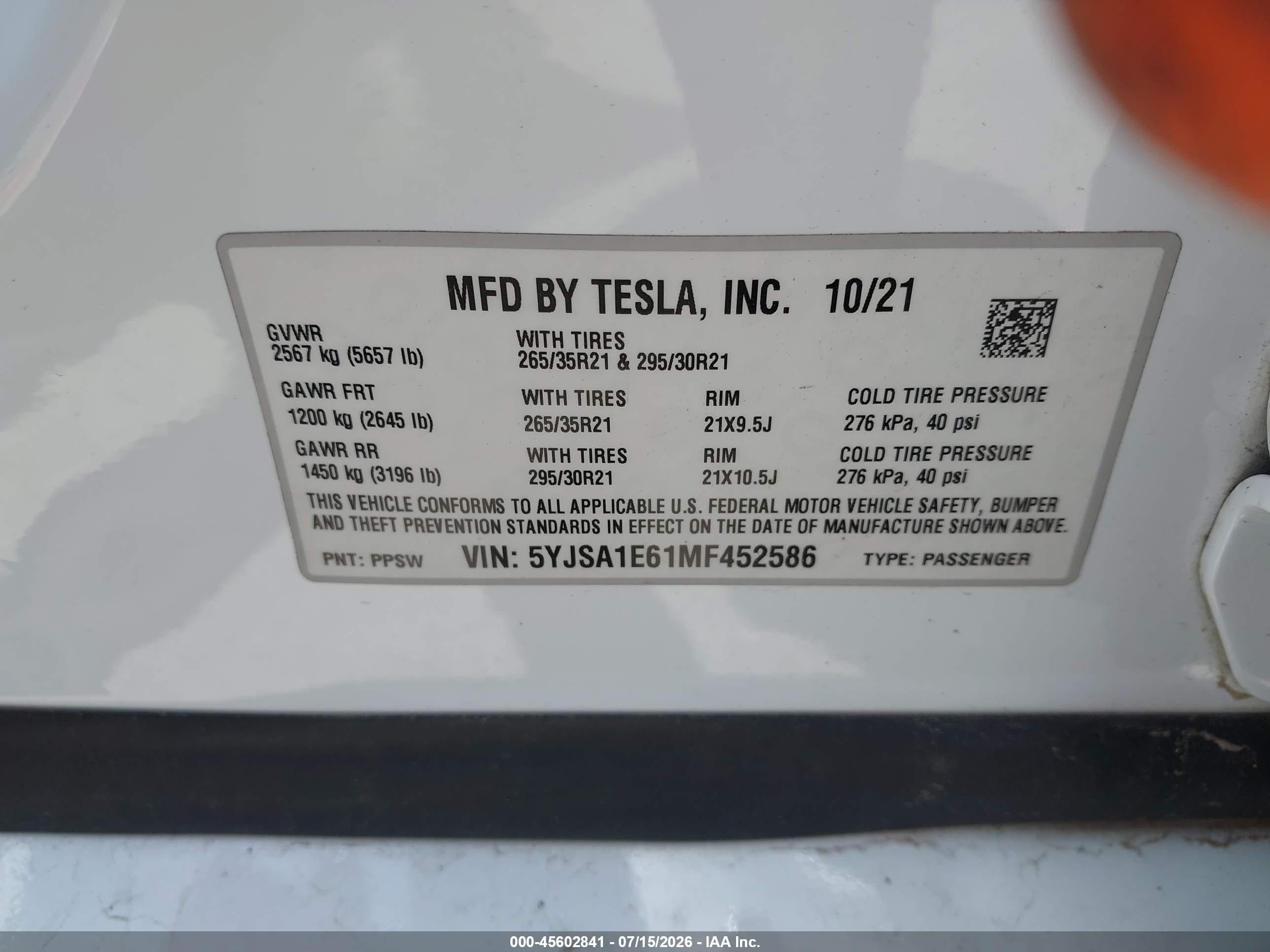 2021 Tesla Model s VIN 5YJSA1E61MF452586 IAAI salvage auction — Front End, Original (Texas), sold $20,200 on 2026-08-30 (photo 9)