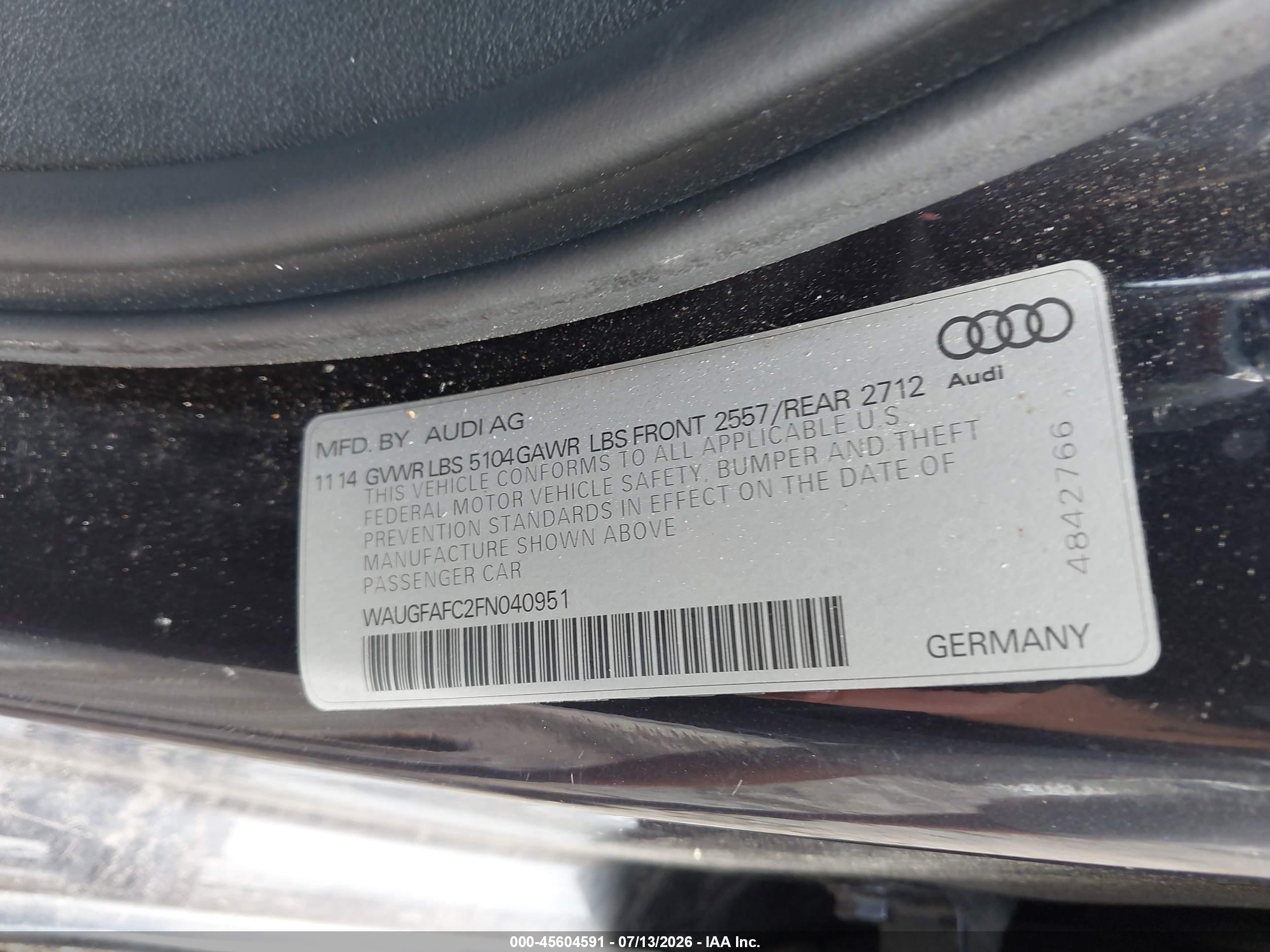 2015 Audi A6 VIN WAUGFAFC2FN040951 IAAI salvage auction — Side, Clear (Virginia), sold $1,400 on 2026-10-09 (photo 9)