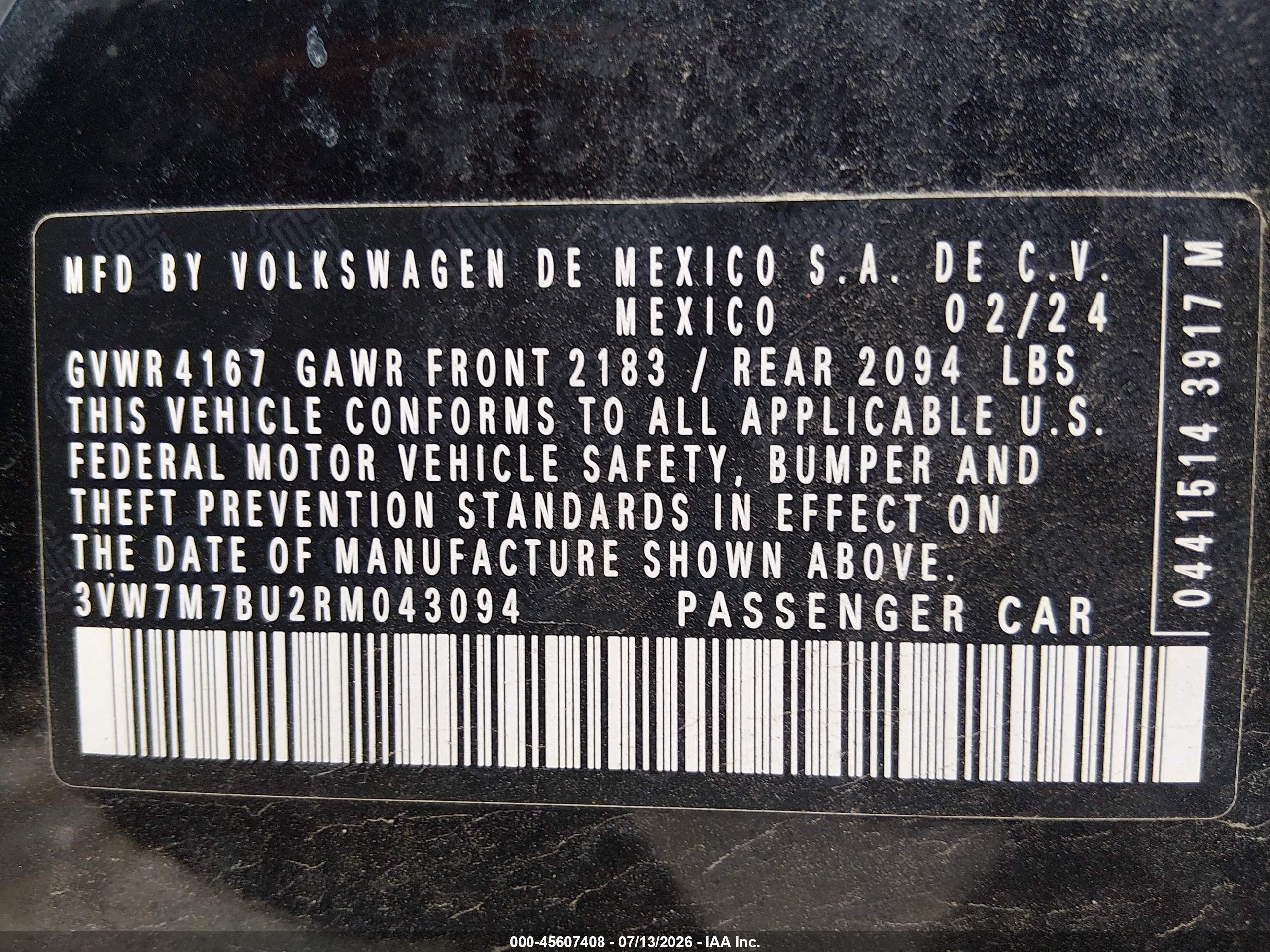 2024 Volkswagen Jetta VIN 3VW7M7BU2RM043094 IAAI salvage auction — Front End, Salvage (Kansas), sold $5,700 on 2026-09-29 (photo 9)