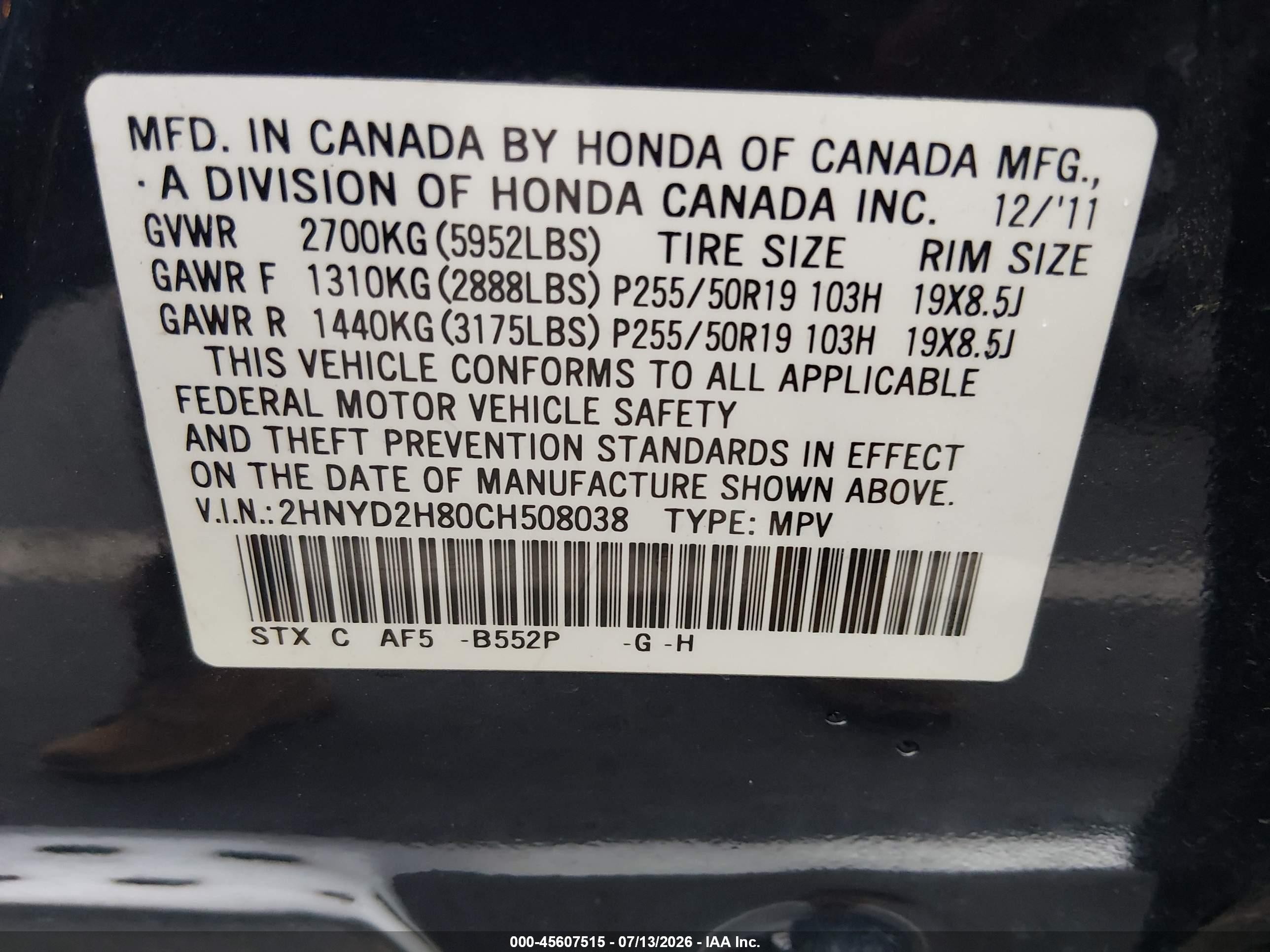 2012 Acura Mdx VIN 2HNYD2H80CH508038 IAAI salvage auction — Unknown, Salvage (North Carolina), sold $600 on 2026-09-09 (photo 9)