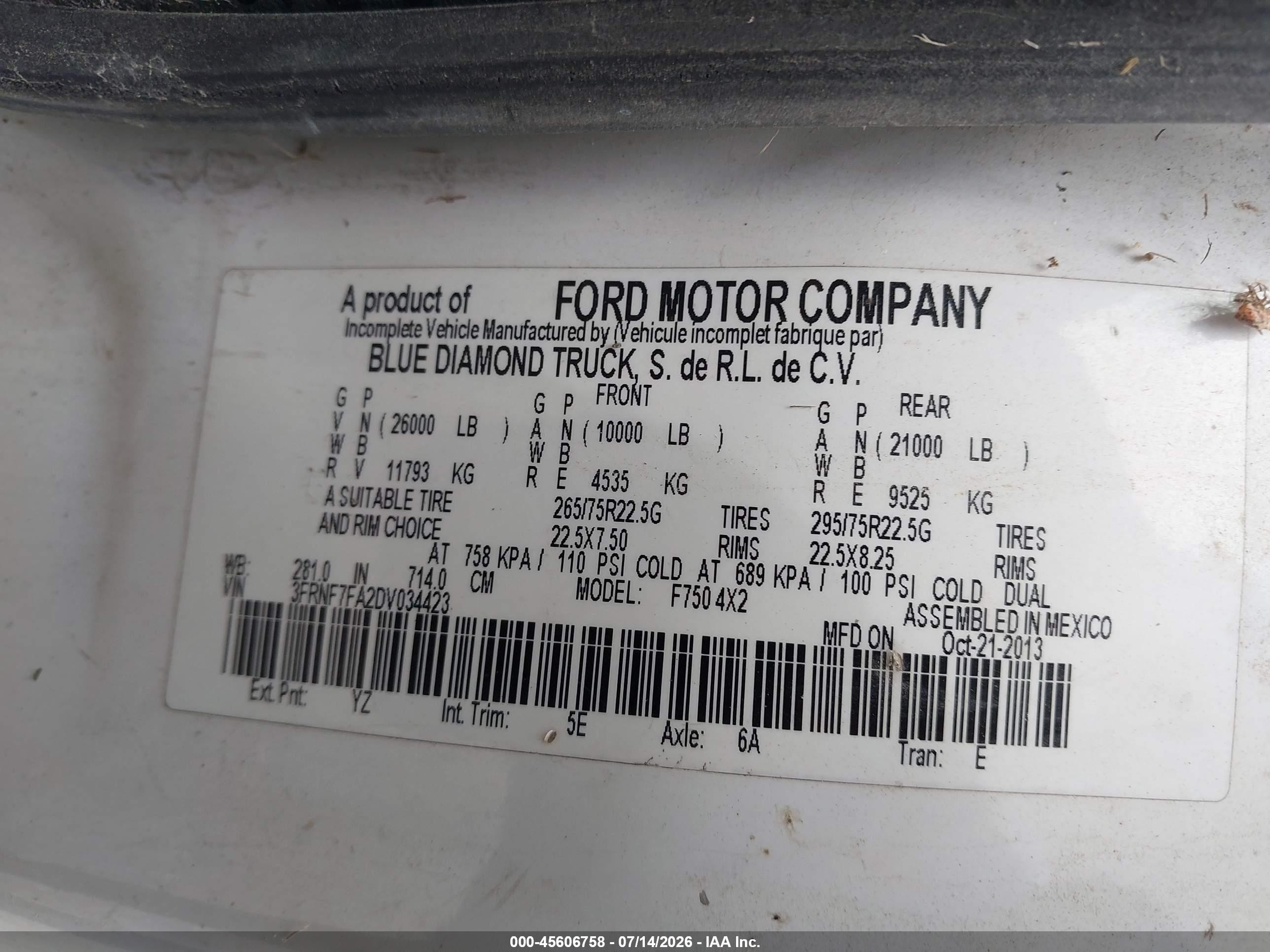 2013 Ford F650-f750 VIN 3FRNF7FA2DV034423 IAAI salvage auction — Normal Wear, Original (Texas), sold $4,675 on 2026-09-08 (photo 8)