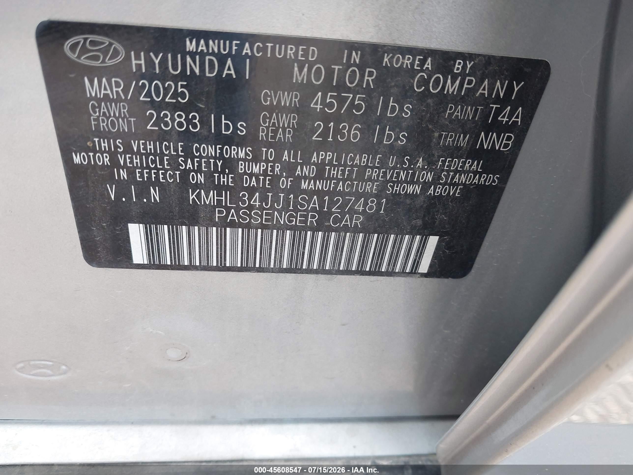 2025 Hyundai Sonata VIN KMHL34JJ1SA127481 IAAI salvage auction — Front End, Clear (Oklahoma), sold $10,100 on 2026-09-12 (photo 9)