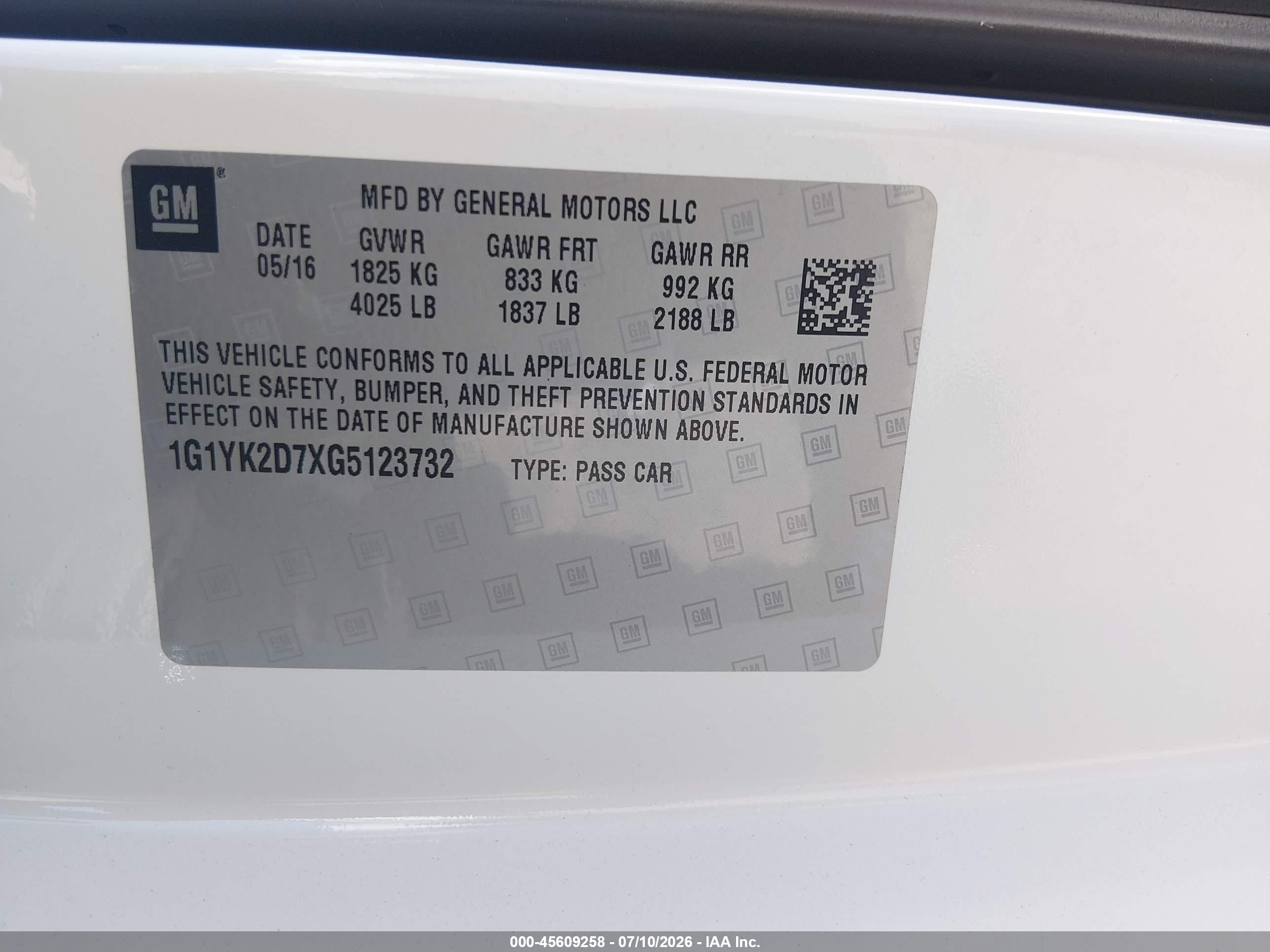 2016 Chevrolet Corvette VIN 1G1YK2D7XG5123732 IAAI salvage auction — Front End, Salvage (California), sold $23,700 on 2026-08-17 (photo 9)