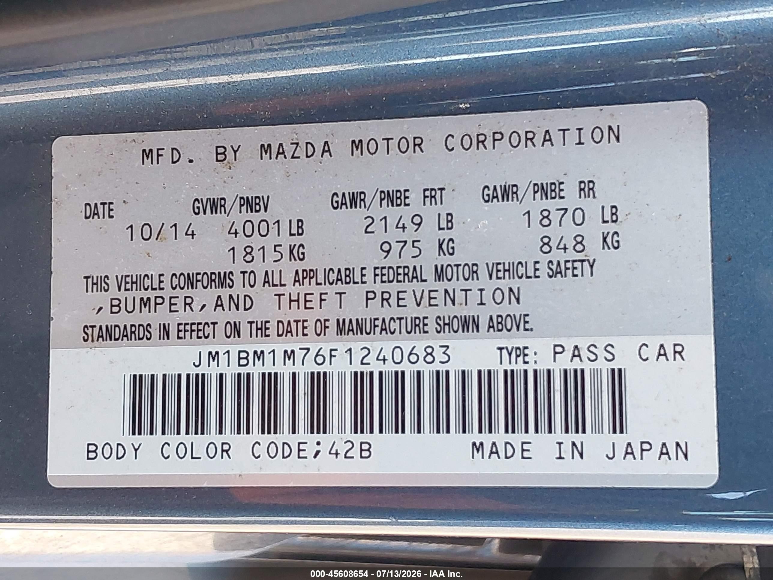 2015 Mazda 3 VIN JM1BM1M76F1240683 IAAI salvage auction — Side, Salvage (Oregon), sold $1,950 on 2026-09-18 (photo 9)