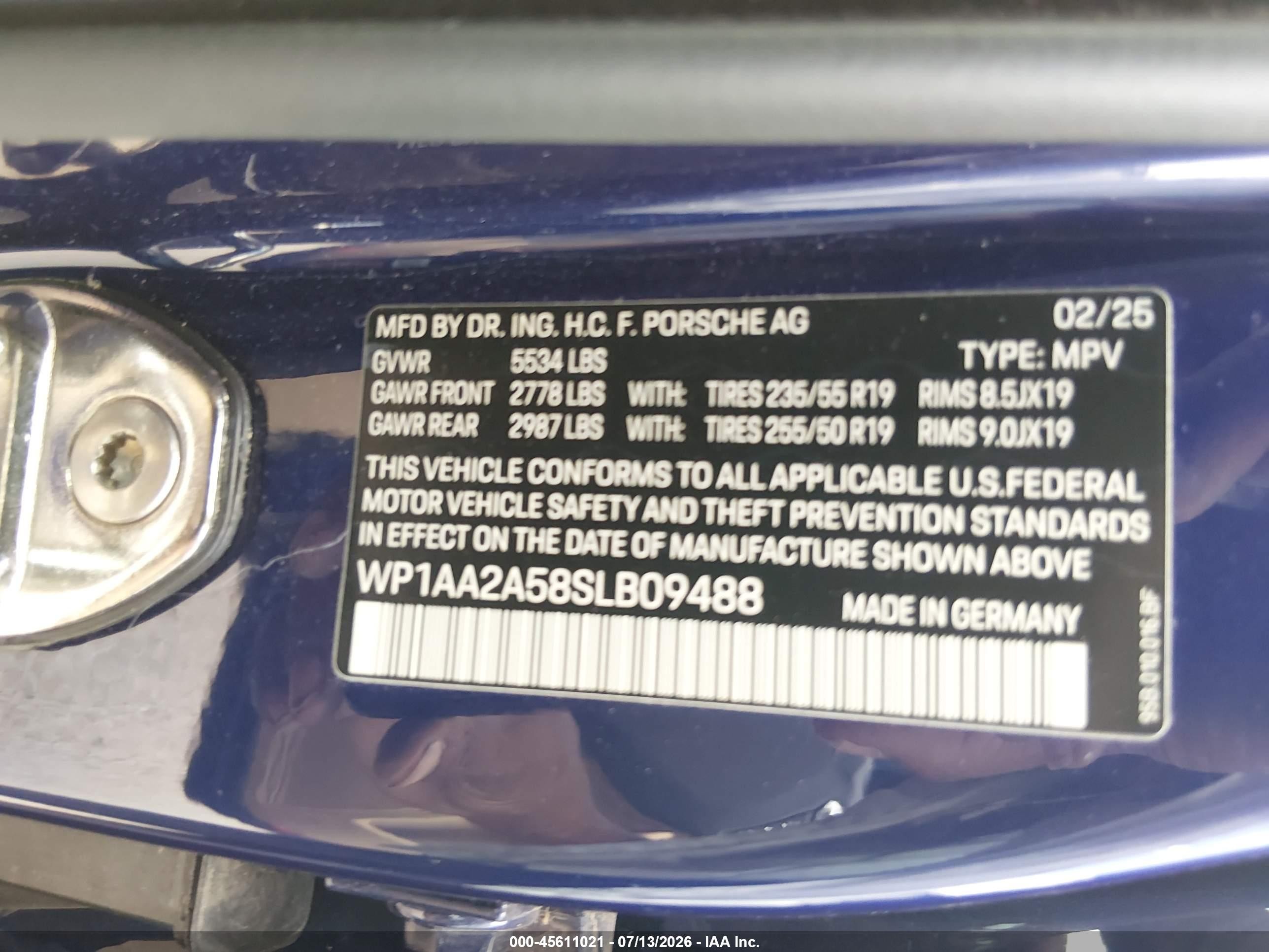 2025 Porsche Macan VIN WP1AA2A58SLB09488 IAAI salvage auction — Front End, Salvage (Arizona), sold $18,200 on 2026-08-10 (photo 9)