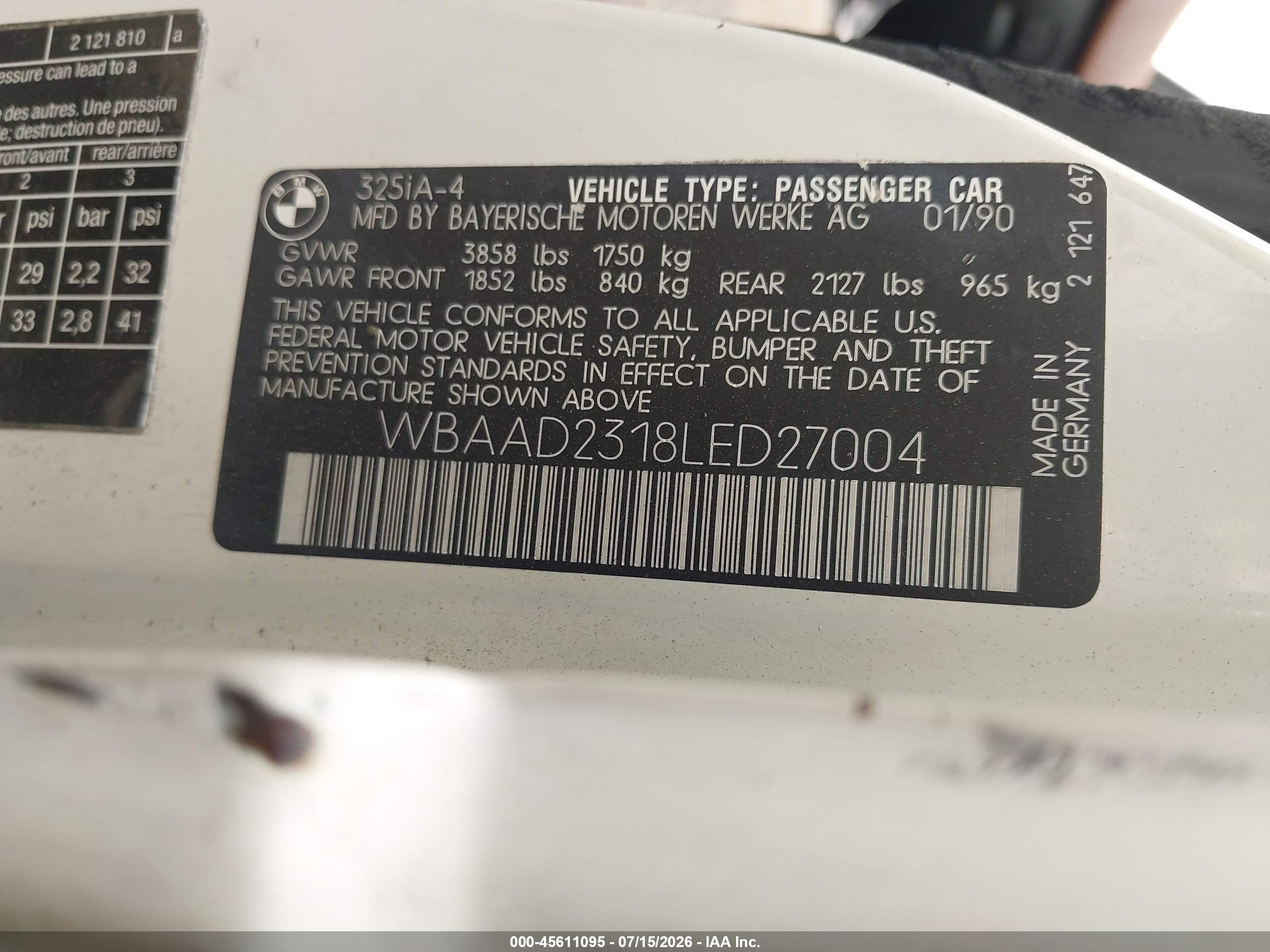 1990 BMW 3 series VIN WBAAD2318LED27004 IAAI salvage auction — Front End, Clear (Massachusetts), sold $19,650 on 2026-08-14 (photo 9)