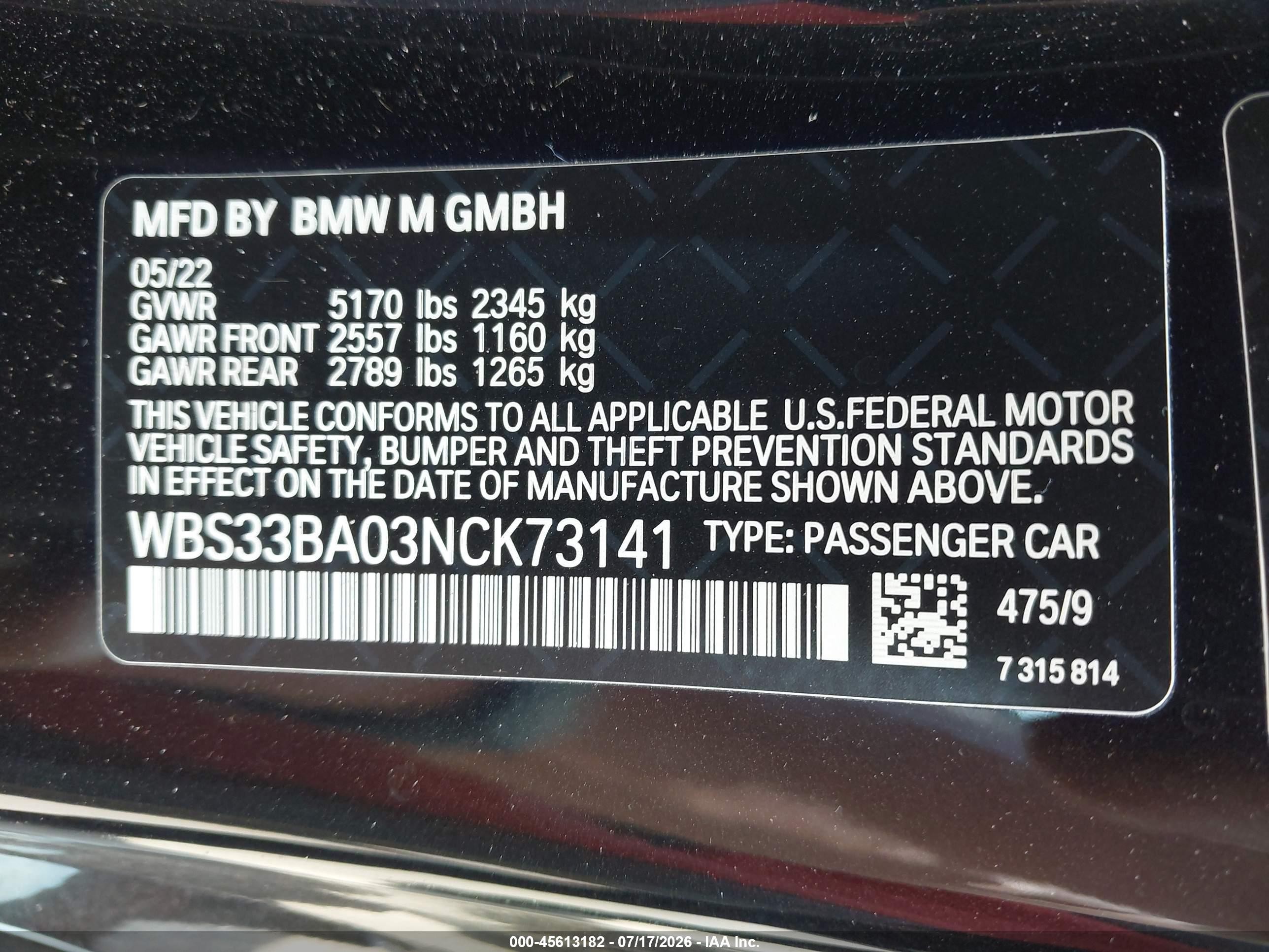 2022 BMW M4 VIN WBS33BA03NCK73141 IAAI salvage auction — Engine Damage, Mv-907A (New York), sold $33,350 on 2026-08-18 (photo 9)