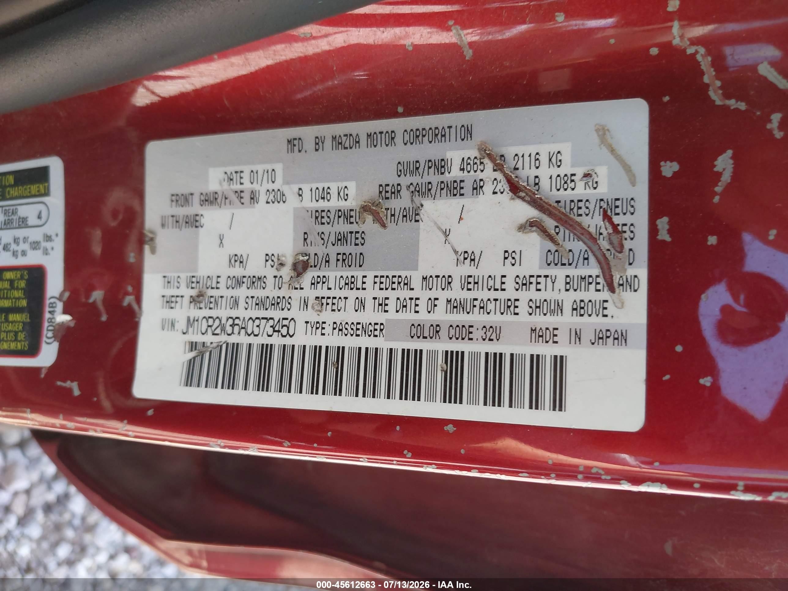 2010 Mazda 5 VIN JM1CR2W36A0373450 IAAI salvage auction — Rear End, Clear (Missouri), sold $500 on 2026-09-08 (photo 9)