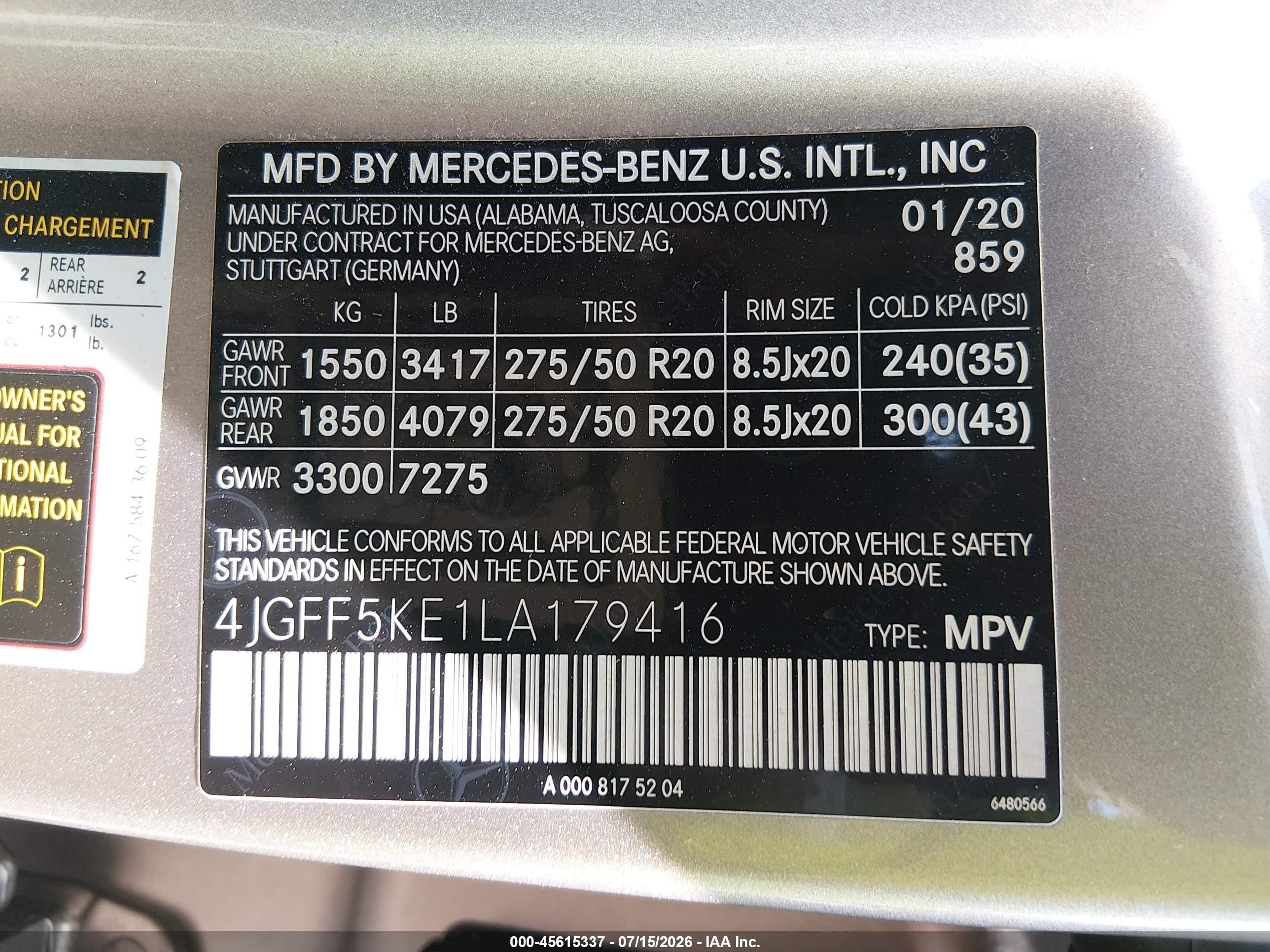 2020 Mercedes-benz Gls-klasse VIN 4JGFF5KE1LA179416 IAAI salvage auction — Front End, Salvage - 75% Or Less (Maryland), sold $17,300 on 2026-09-05 (photo 9)
