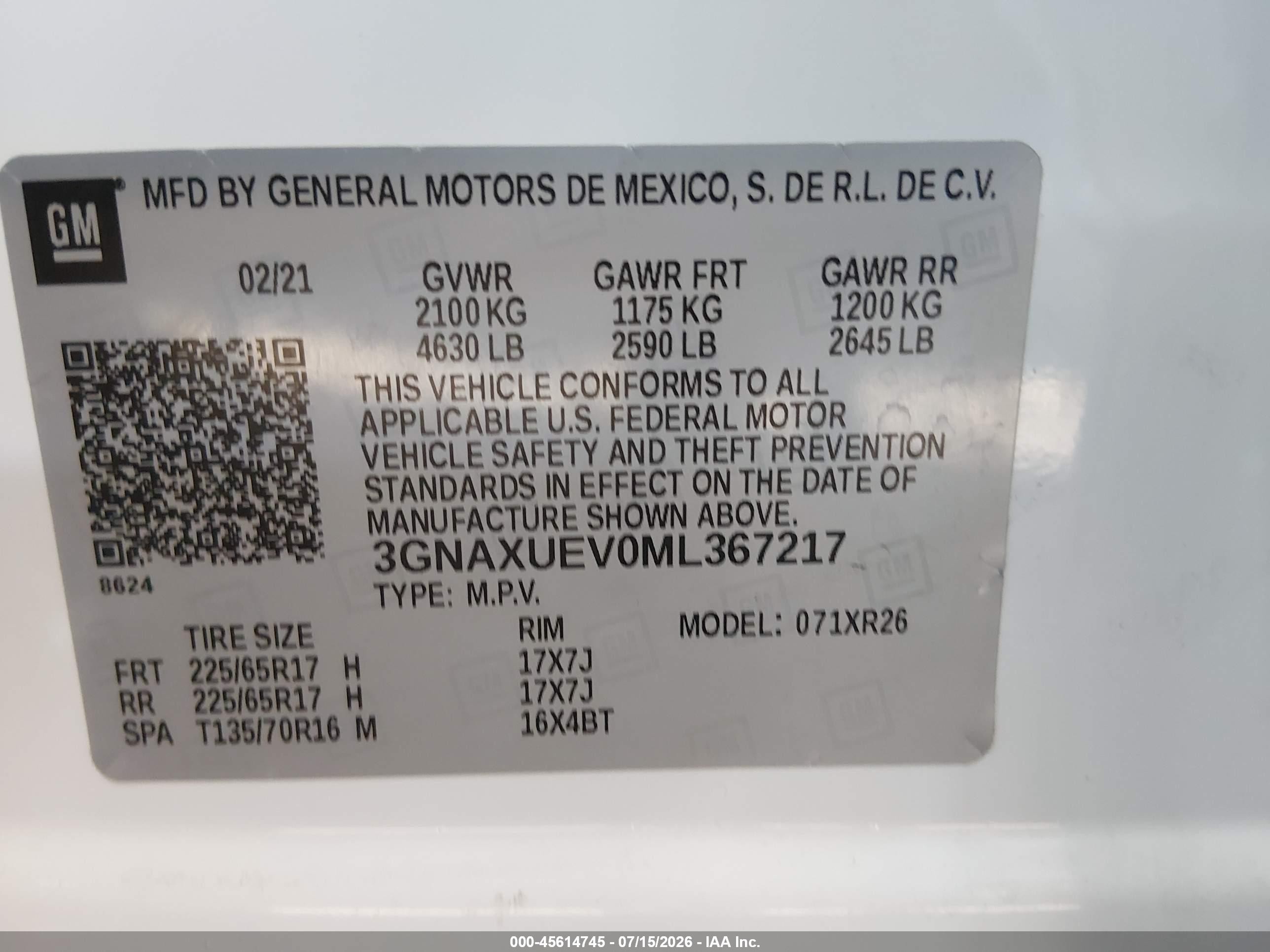 2021 Chevrolet Equinox VIN 3GNAXUEV0ML367217 IAAI salvage auction — Side, Salvage (Delaware), sold $4,500 on 2026-09-13 (photo 9)