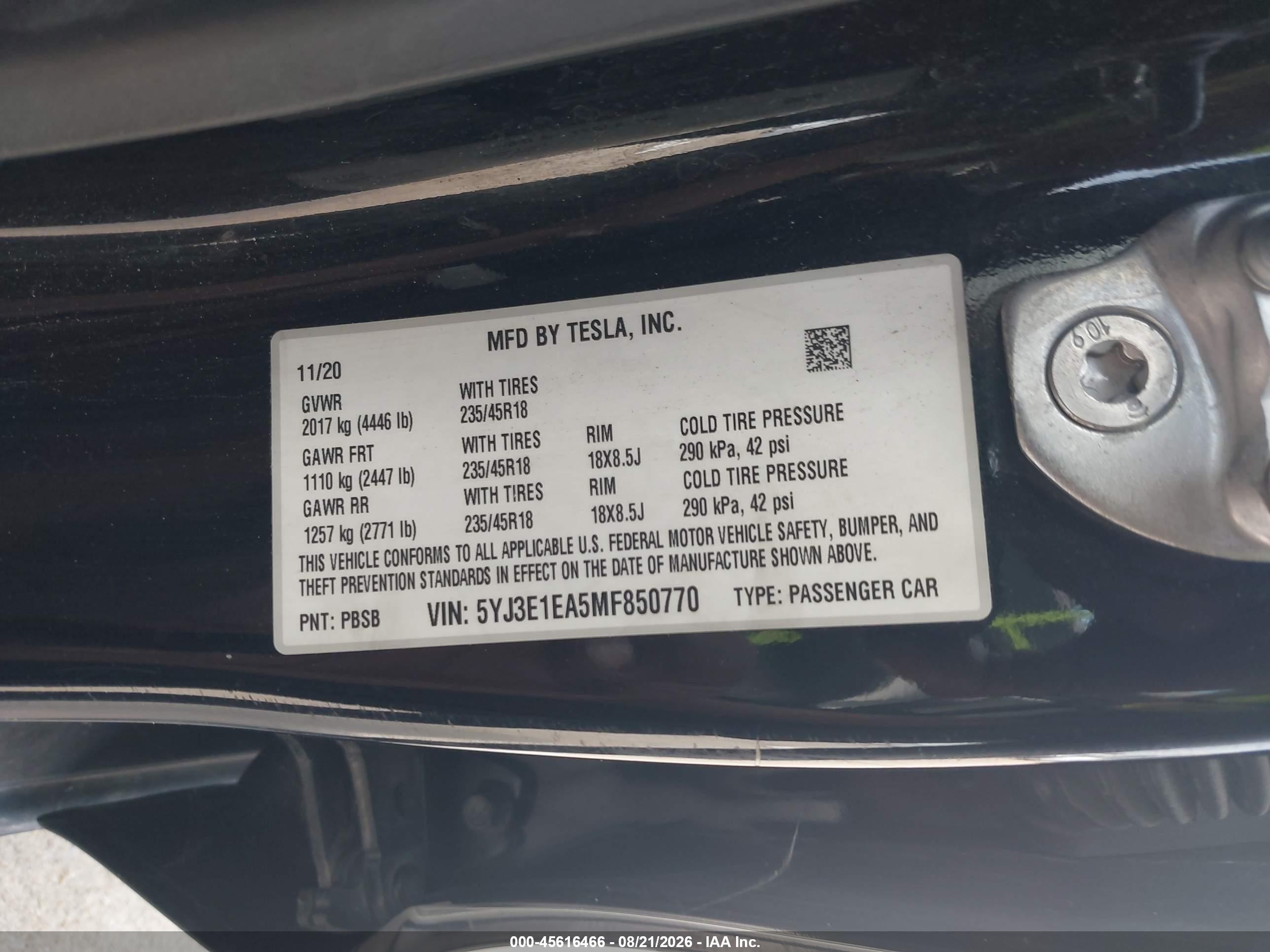 2021 Tesla Model 3 VIN 5YJ3E1EA5MF850770 IAAI salvage auction — Rear End, Salvage (Idaho), sold $4,050 on 2026-09-07 (photo 8)