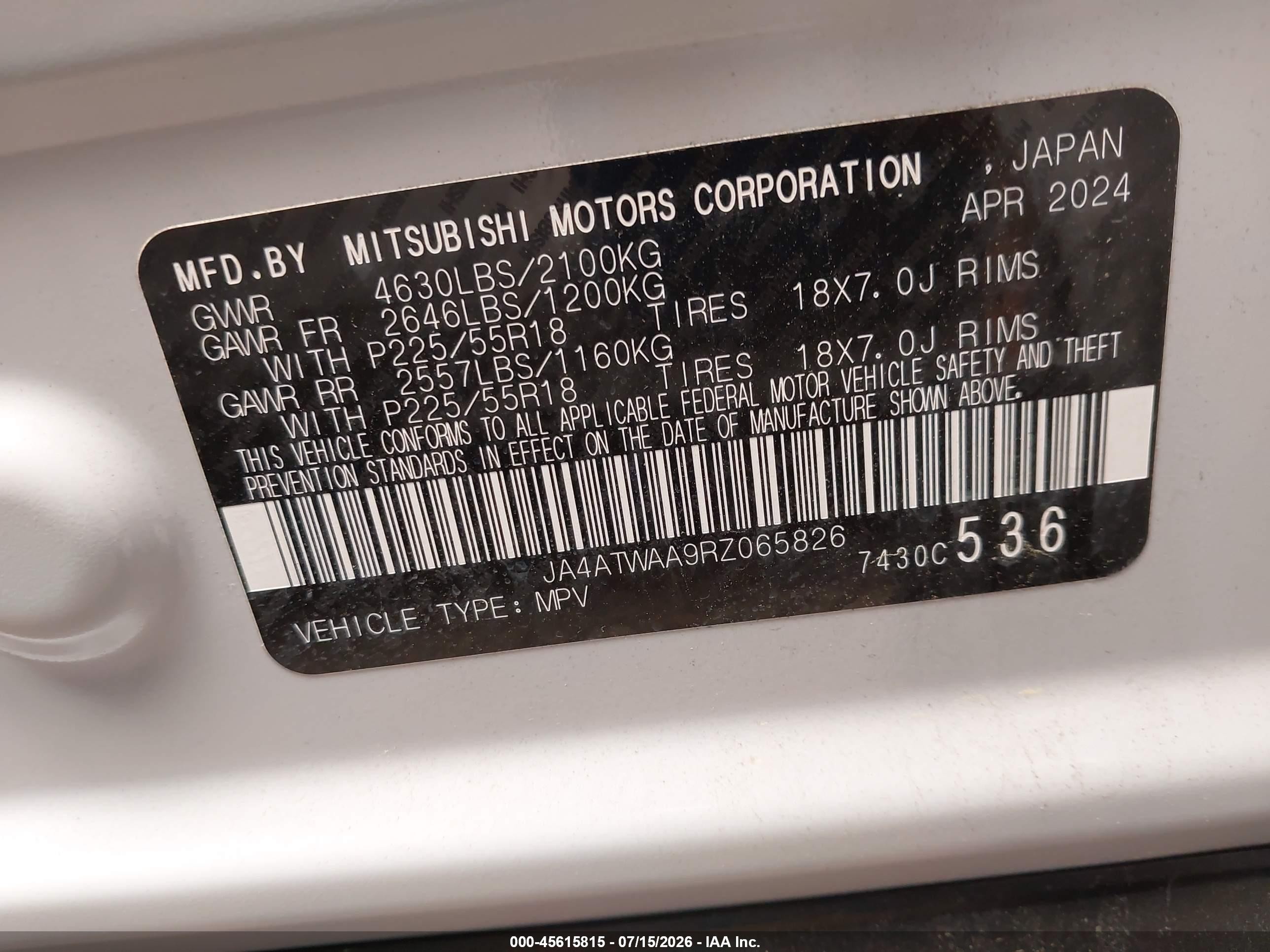 2024 Mitsubishi Eclipse cross VIN JA4ATWAA9RZ065826 IAAI salvage auction — Side, Salvage (Massachusetts), sold $6,800 on 2026-09-08 (photo 9)