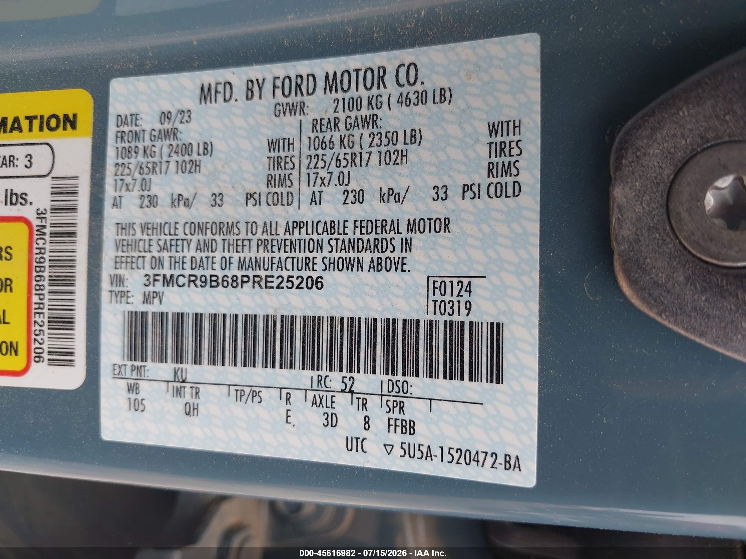 2023 Ford Bronco sport VIN 3FMCR9B68PRE25206 IAAI salvage auction — Rear End, Salvage (Texas), sold $7,500 on 2026-09-19 (photo 9)