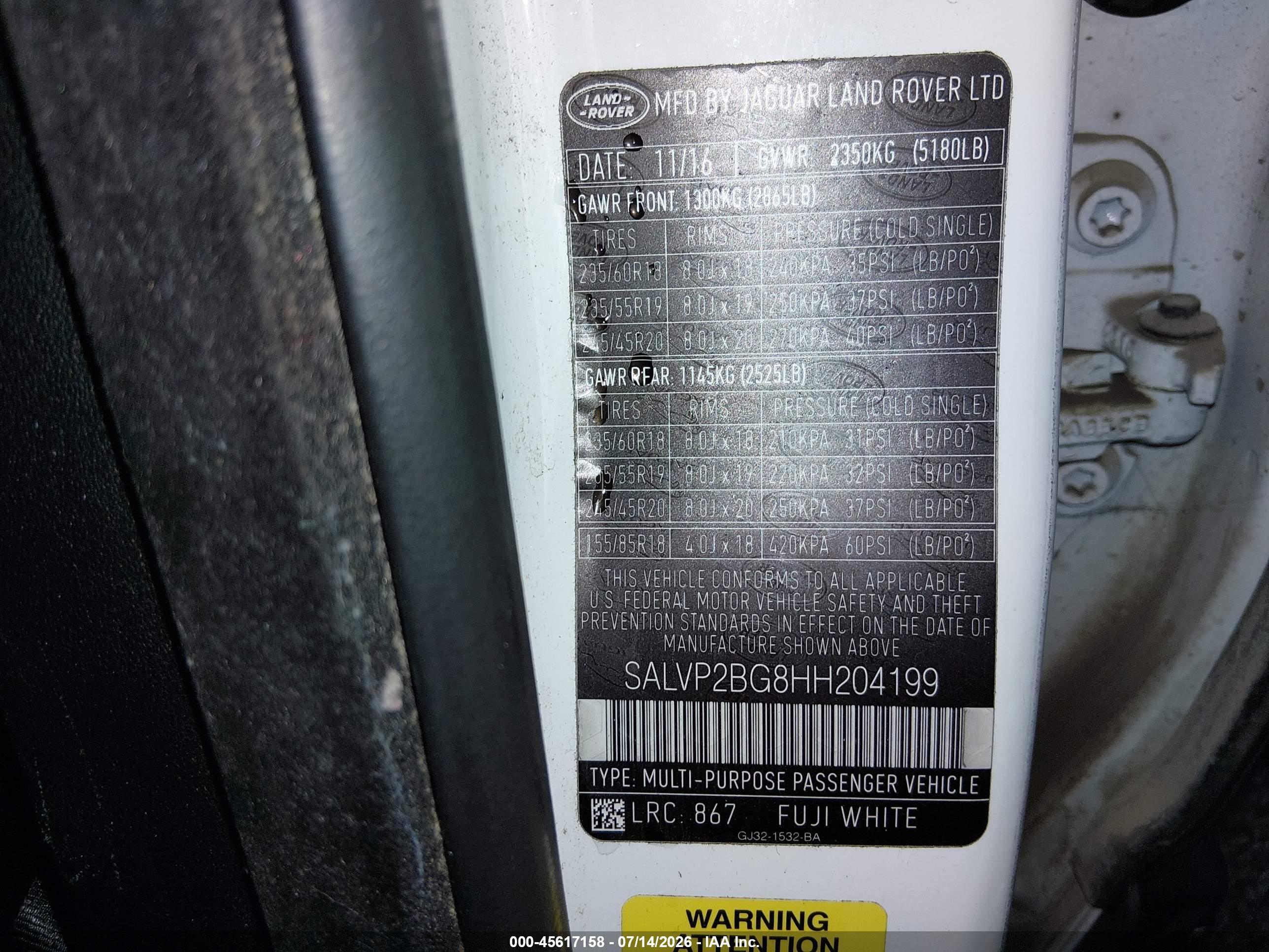 2017 Land rover Range rover evoque VIN SALVP2BG8HH204199 IAAI salvage auction — Front End, Salvage (Louisiana), sold $1,650 on 2026-09-09 (photo 9)