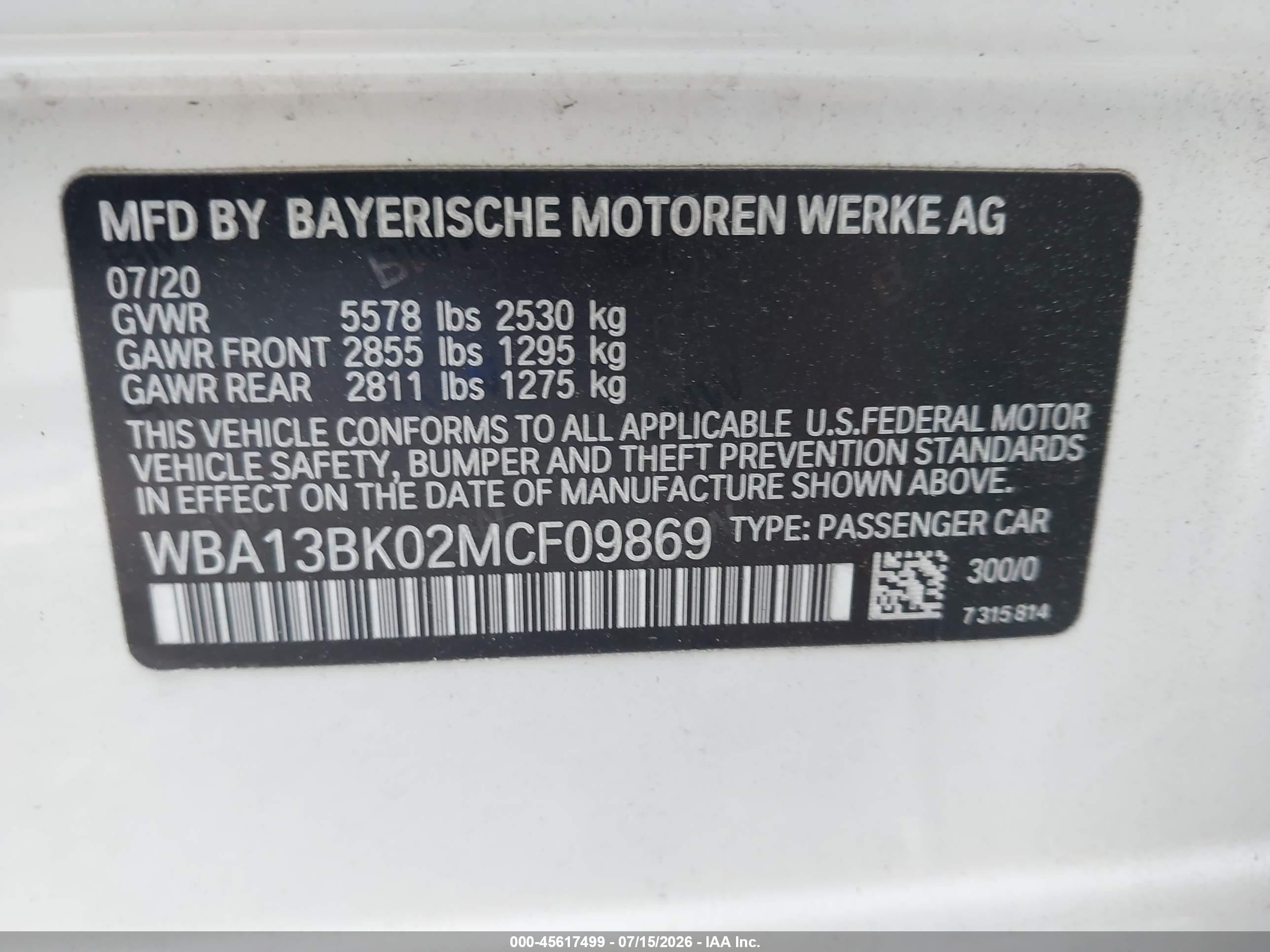 2021 BMW 5er VIN WBA13BK02MCF09869 IAAI salvage auction — Front End, Salvage (New Jersey), sold $14,800 on 2026-09-07 (photo 9)