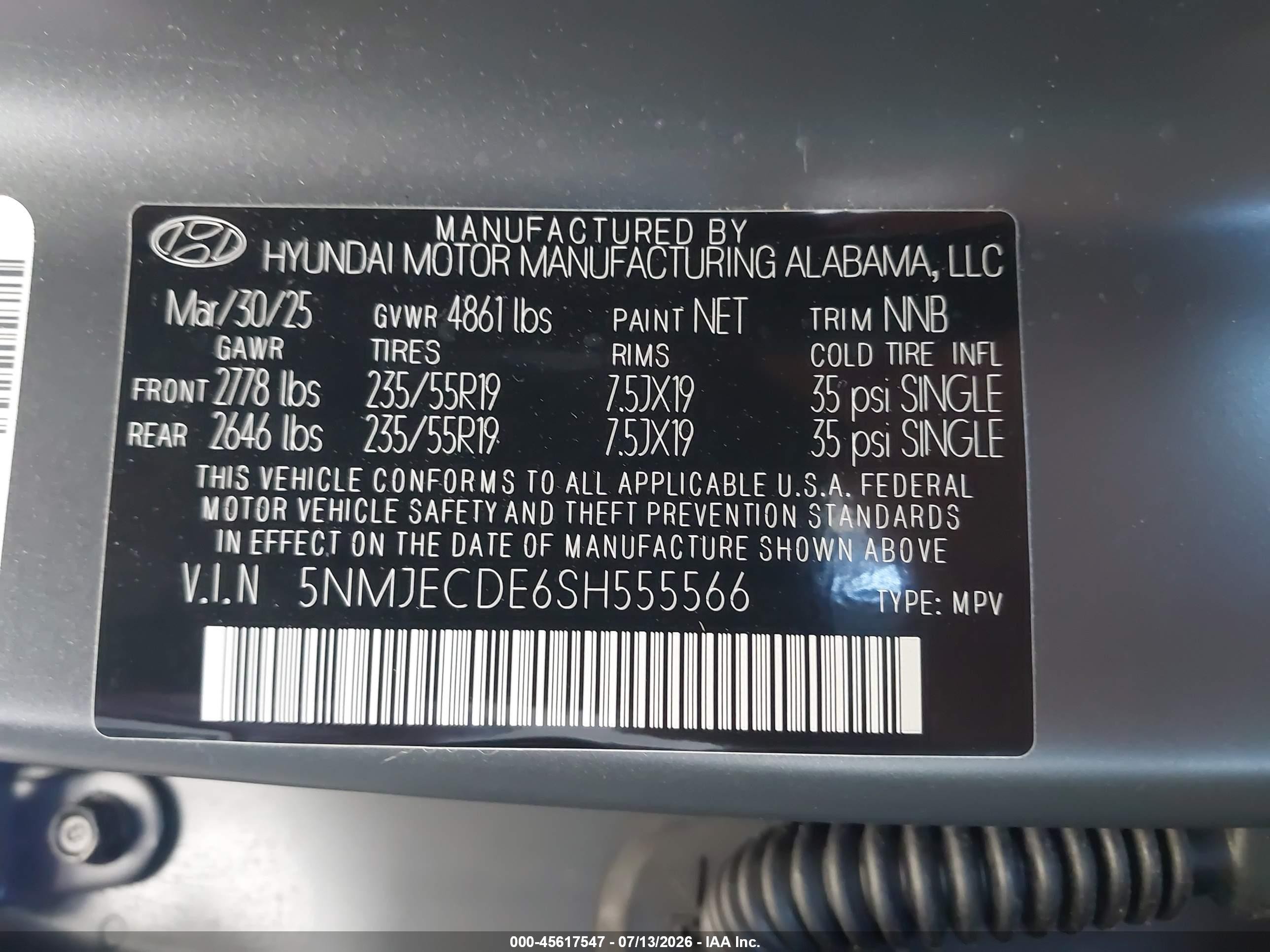 2025 Hyundai Tucson VIN 5NMJECDE6SH555566 IAAI salvage auction — Rear End, Salvage (Delaware), sold $11,400 on 2026-09-12 (photo 9)