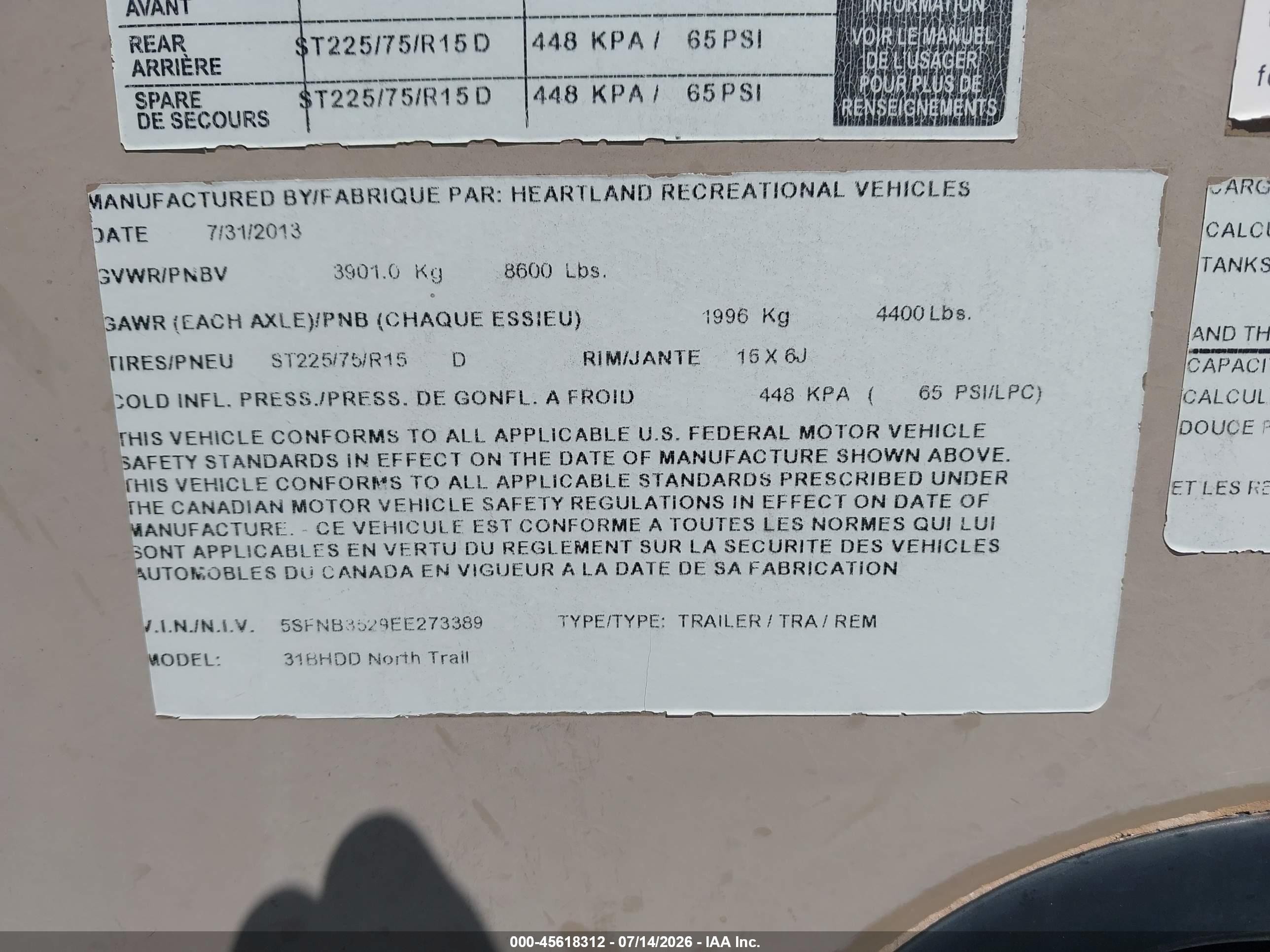 2014 Heartland Rv North Trail VIN 5SFNB3529EE273389 IAAI salvage auction — Hail, Certificate Of Title (Nebraska), sold $3,850 on 2026-09-24 (photo 9)