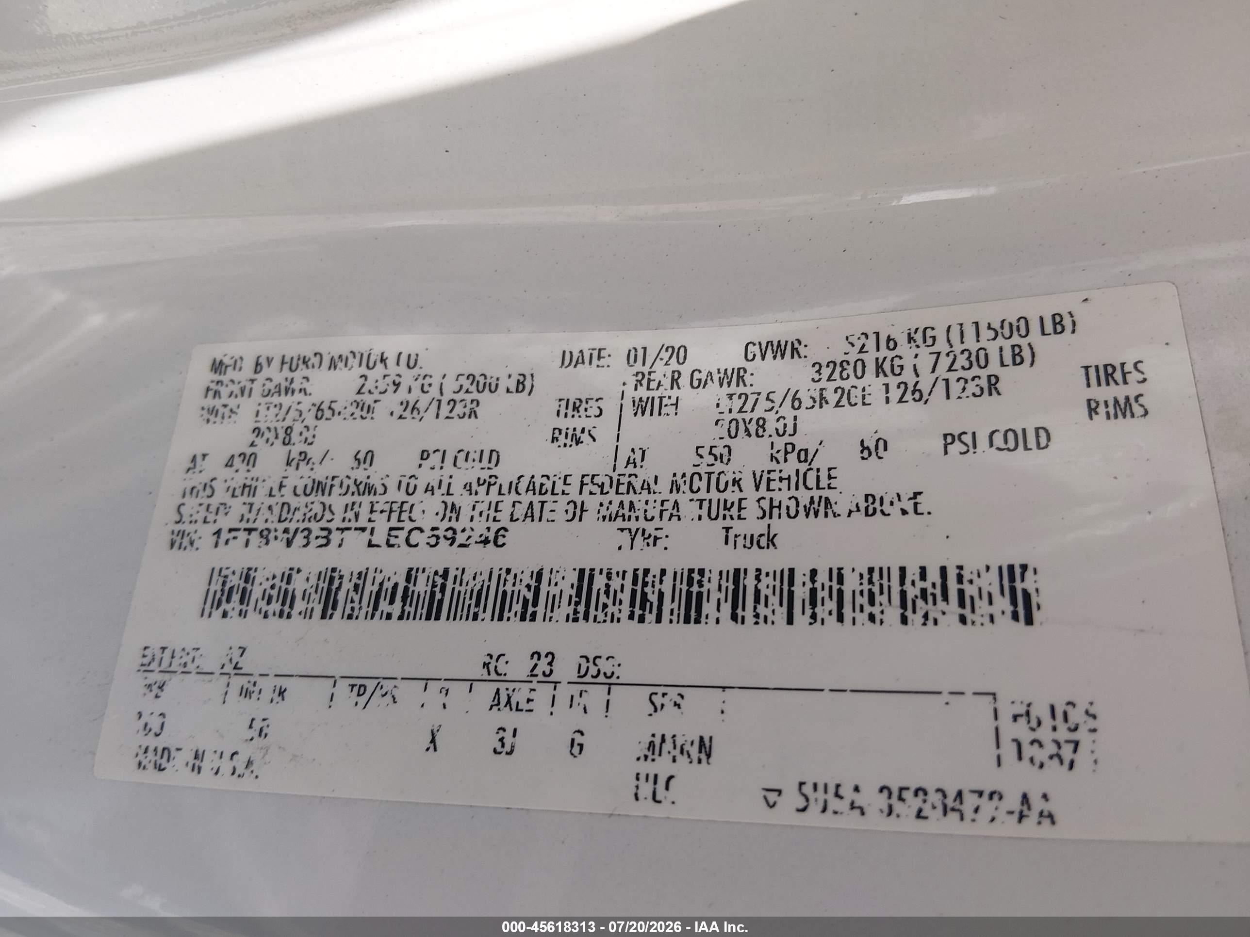 2020 Ford F350 VIN 1FT8W3BT7LEC59246 IAAI salvage auction — All Over, Salvage (Louisiana), sold $11,250 on 2026-08-31 (photo 9)