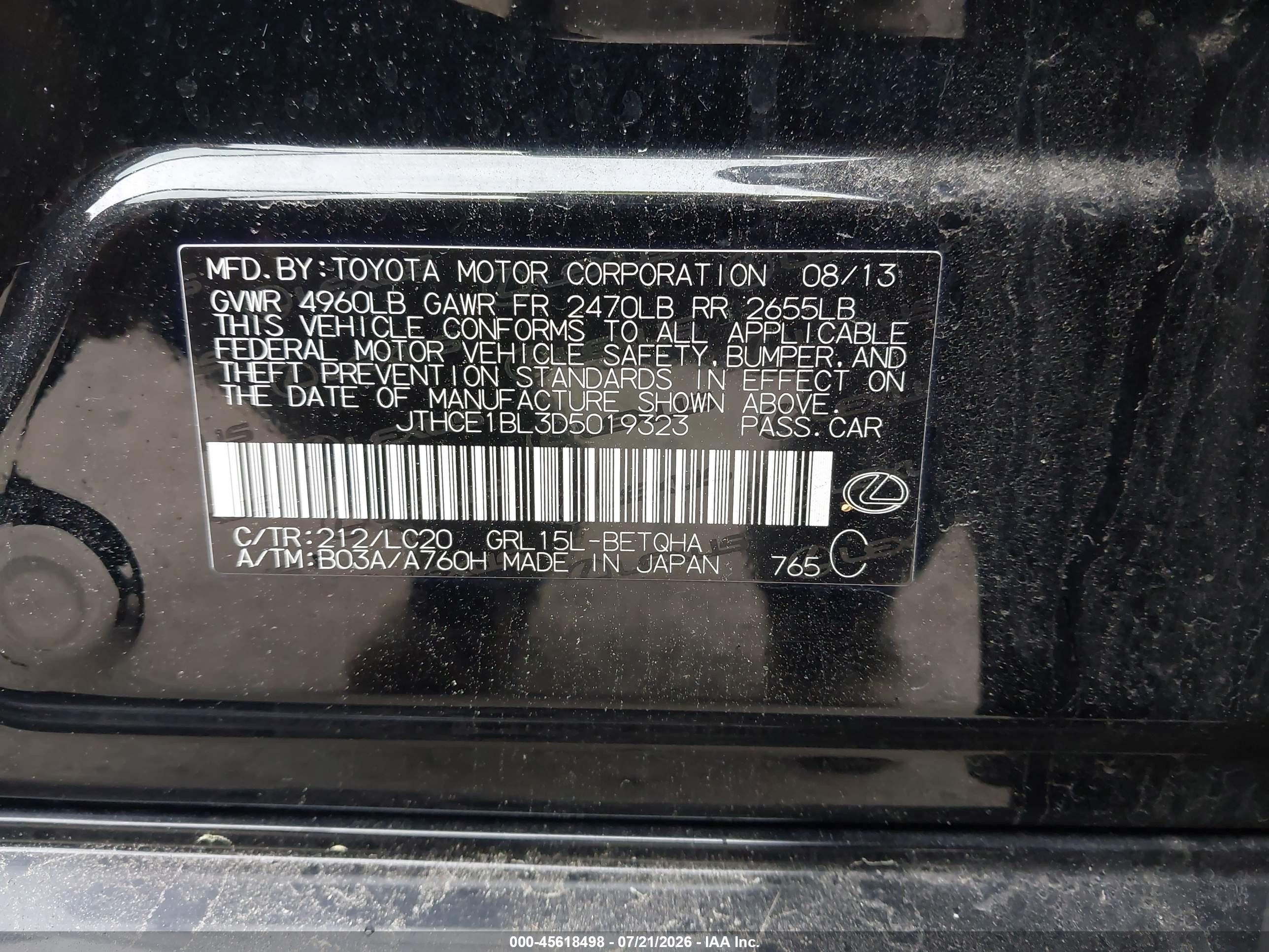 2013 Lexus Gs VIN JTHCE1BL3D5019323 IAAI salvage auction — Front End, Salvage (Rhode Island), sold $1,300 on 2026-09-08 (photo 9)