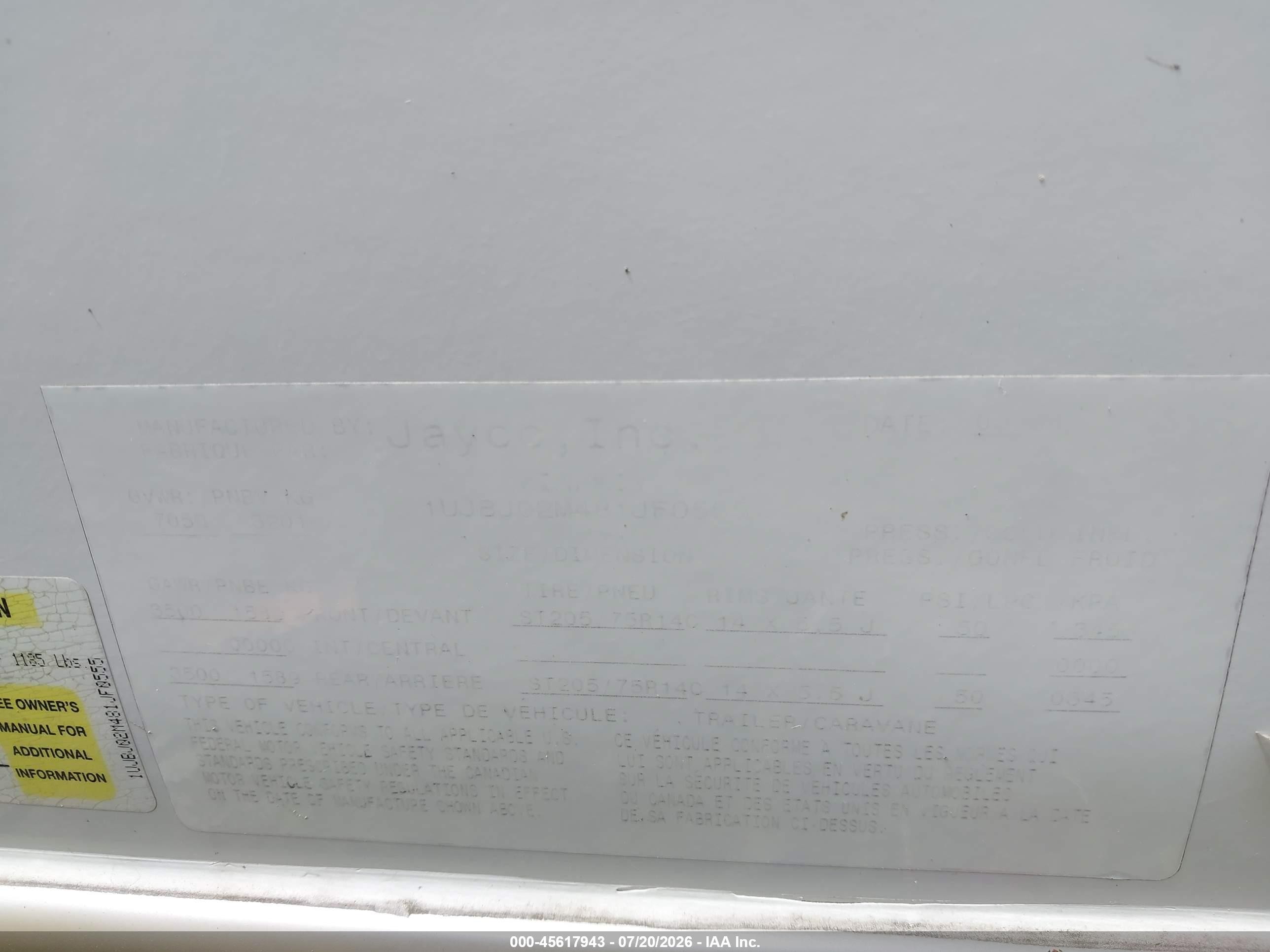 2008 Jayco Other VIN 1UJBJ02M481JF0555 IAAI salvage auction — Unknown, Clear (Michigan), sold $100 on 2026-09-17 (photo 9)
