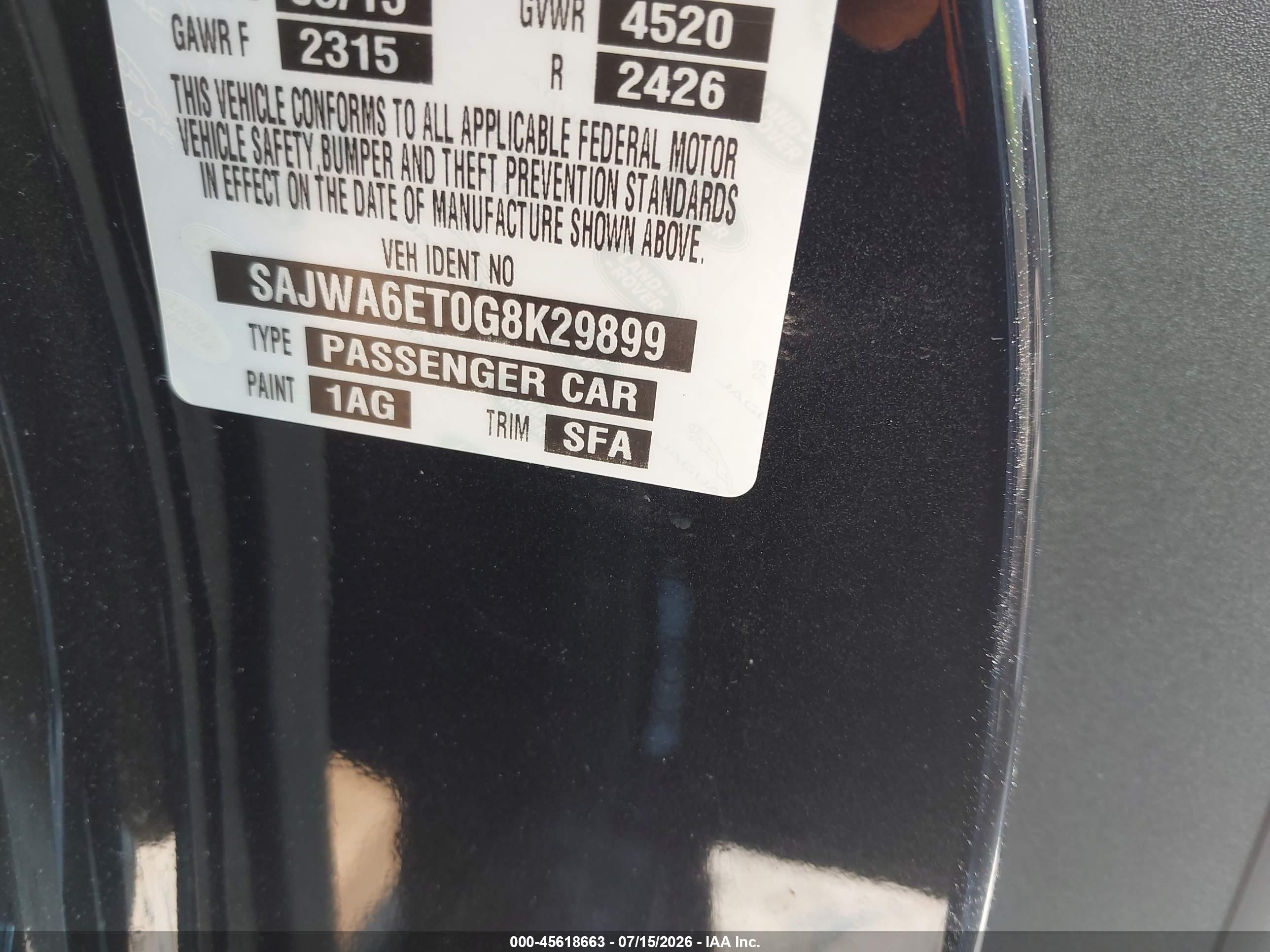 2016 Jaguar F-type VIN SAJWA6ET0G8K29899 IAAI salvage auction — Rear End, Salvage (North Carolina), sold $8,100 on 2026-08-19 (photo 9)