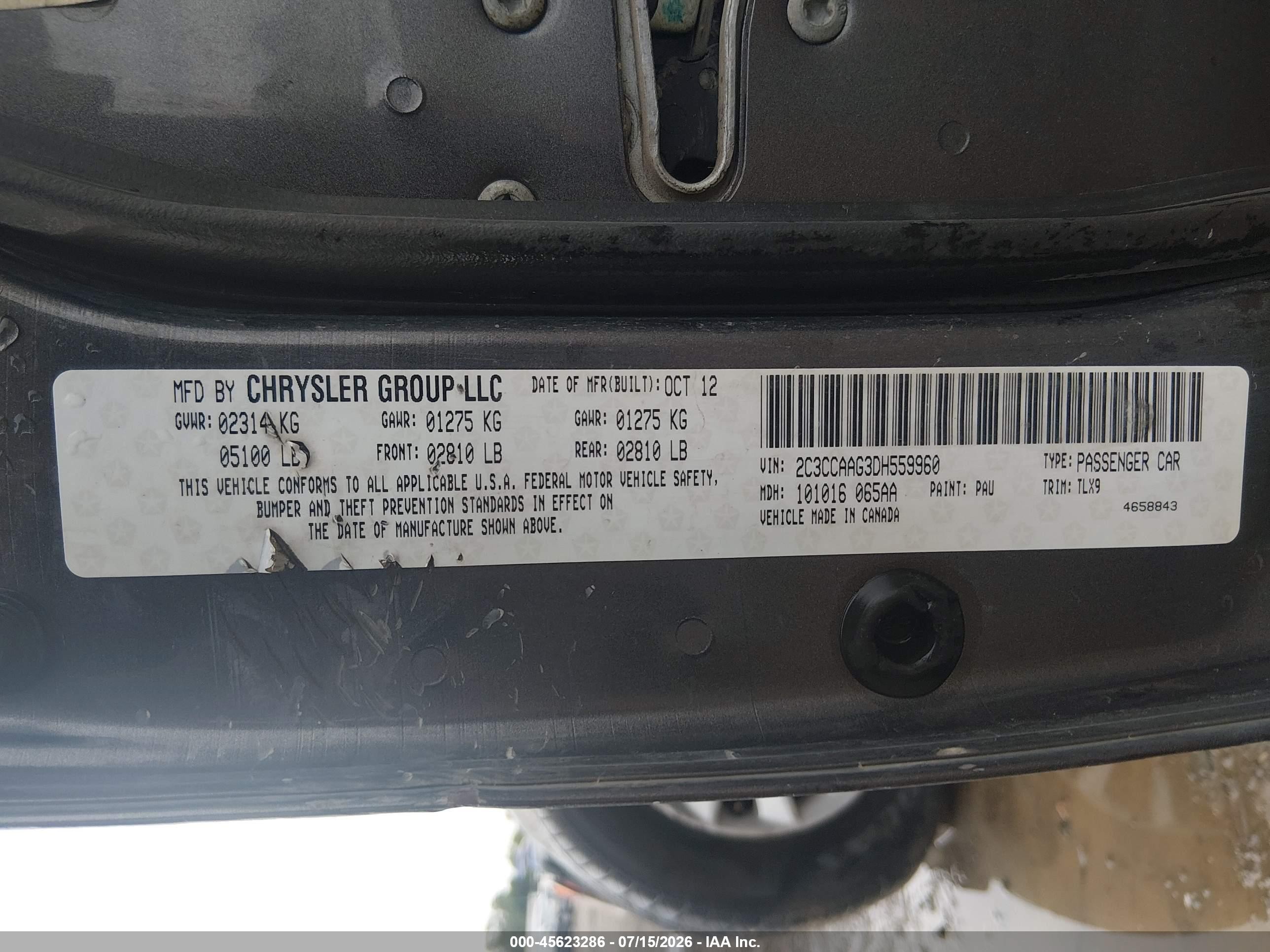 2013 Chrysler 300 VIN 2C3CCAAG3DH559960 IAAI salvage auction — Front End, Clear (Arkansas), sold $1,150 on 2026-09-11 (photo 9)