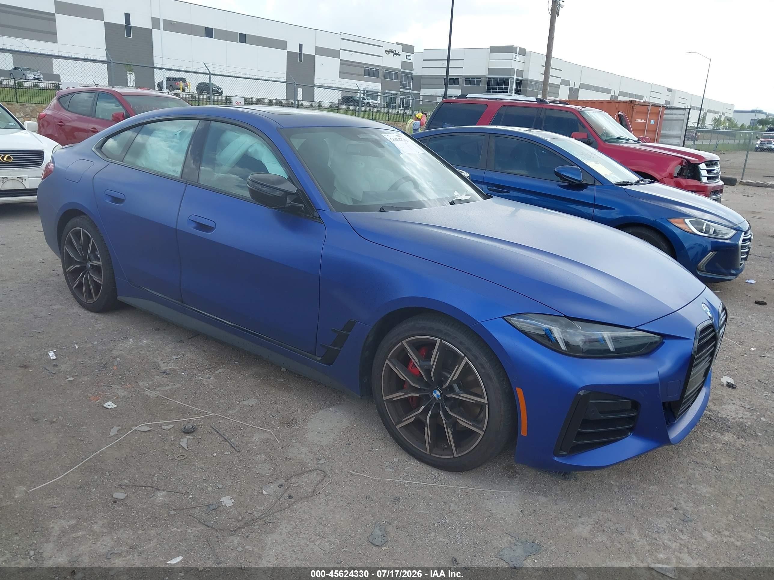 2026 BMW M440i Gran Coupe VIN WBA63FB08TFV88407 IAAI salvage auction — Side, Salvage (Texas), sold $32,750 on 2026-08-20 (photo 1)
