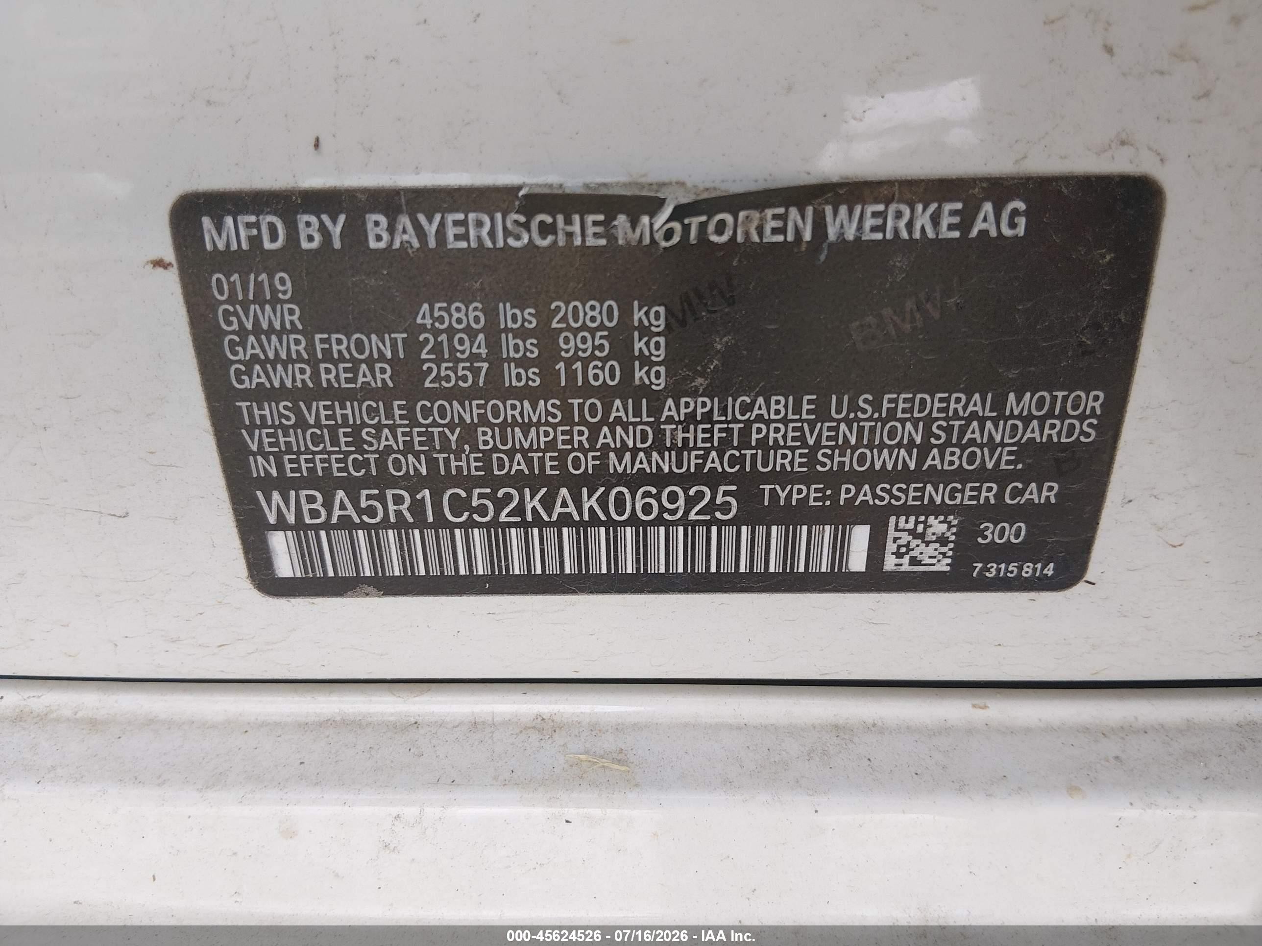 2019 BMW 3 Series VIN WBA5R1C52KAK06925 IAAI salvage auction — Front End, Salvage (Mississippi), sold $6,000 on 2026-09-09 (photo 9)