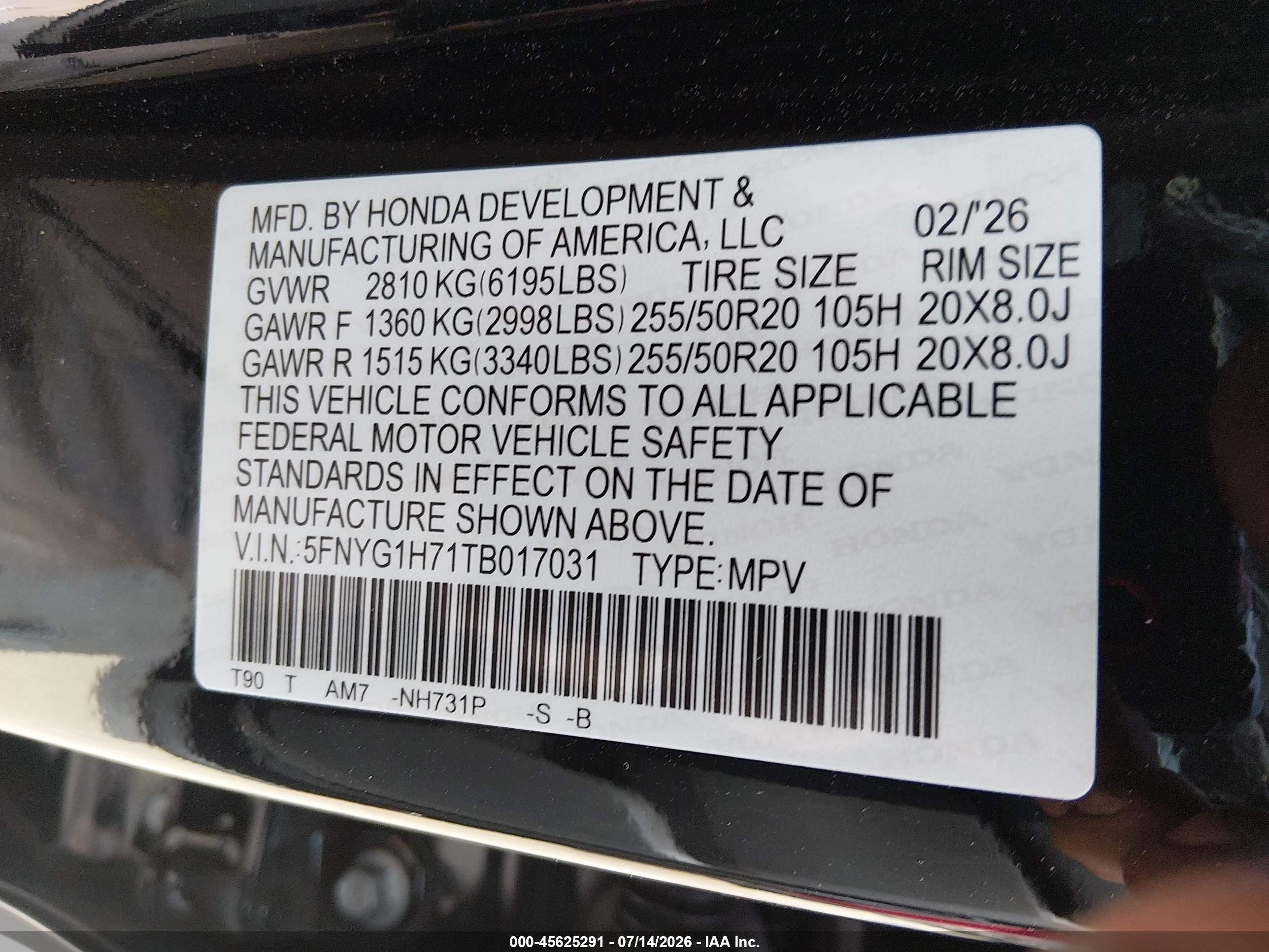 2026 Honda Pilot VIN 5FNYG1H71TB017031 IAAI salvage auction — Side, Salvage (Massachusetts), sold $25,000 on 2026-09-23 (photo 9)
