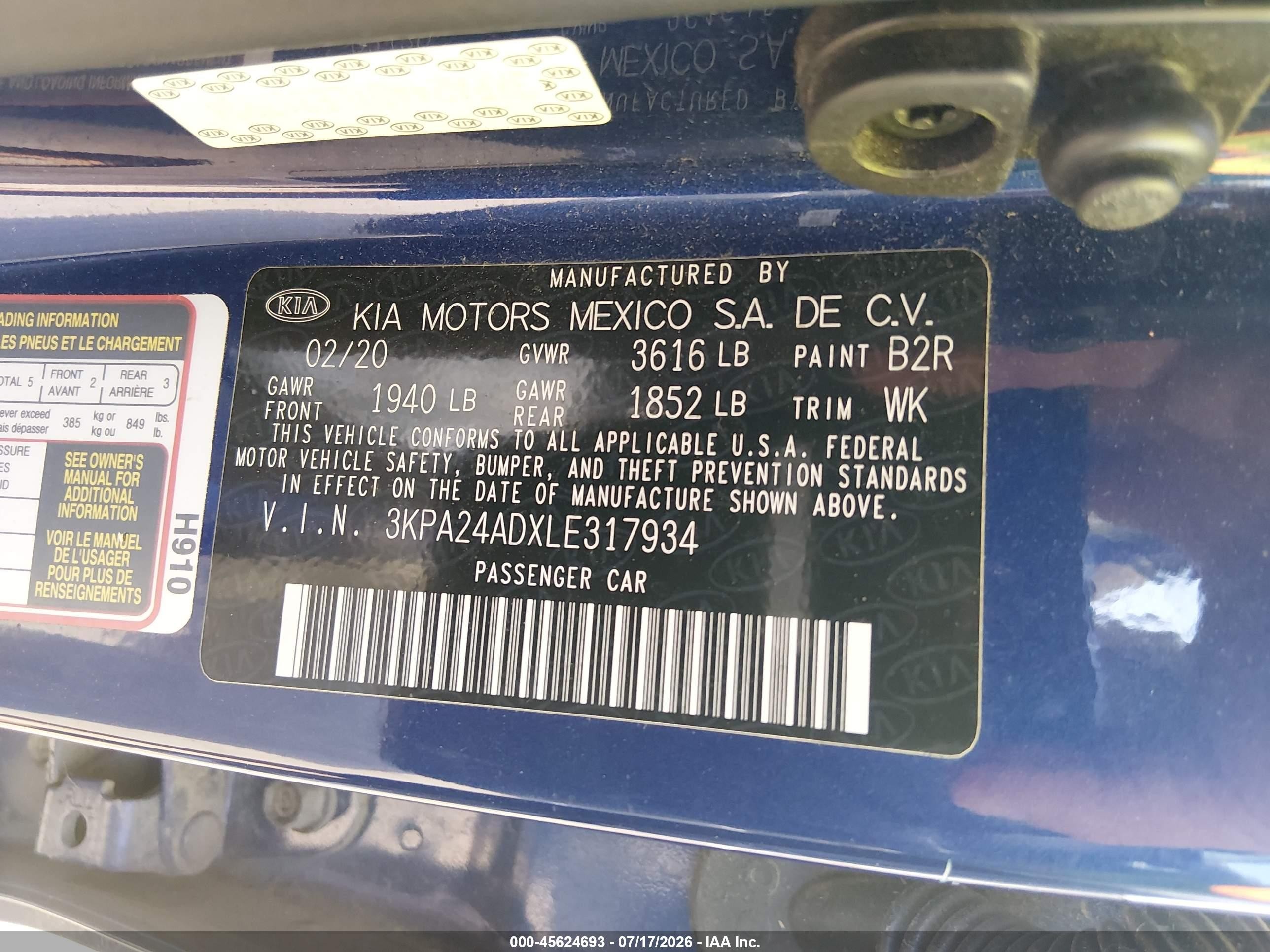 2020 Kia Rio VIN 3KPA24ADXLE317934 IAAI salvage auction — Rear End, Salvage (Mississippi), sold $1,650 on 2026-09-05 (photo 9)
