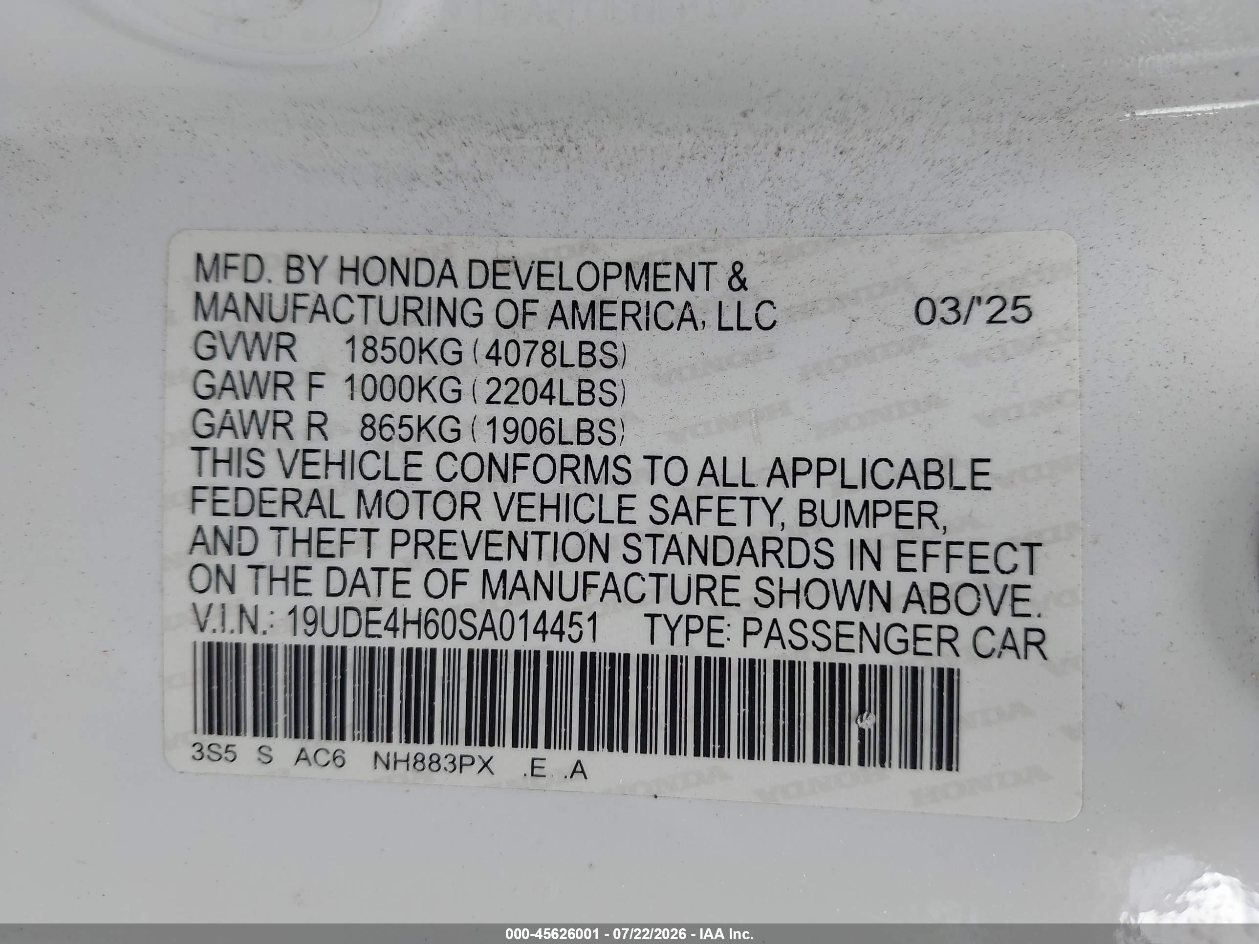 2025 Acura Integra VIN 19UDE4H60SA014451 IAAI salvage auction — Front End, Salvage (California), sold $11,325 on 2026-09-11 (photo 9)