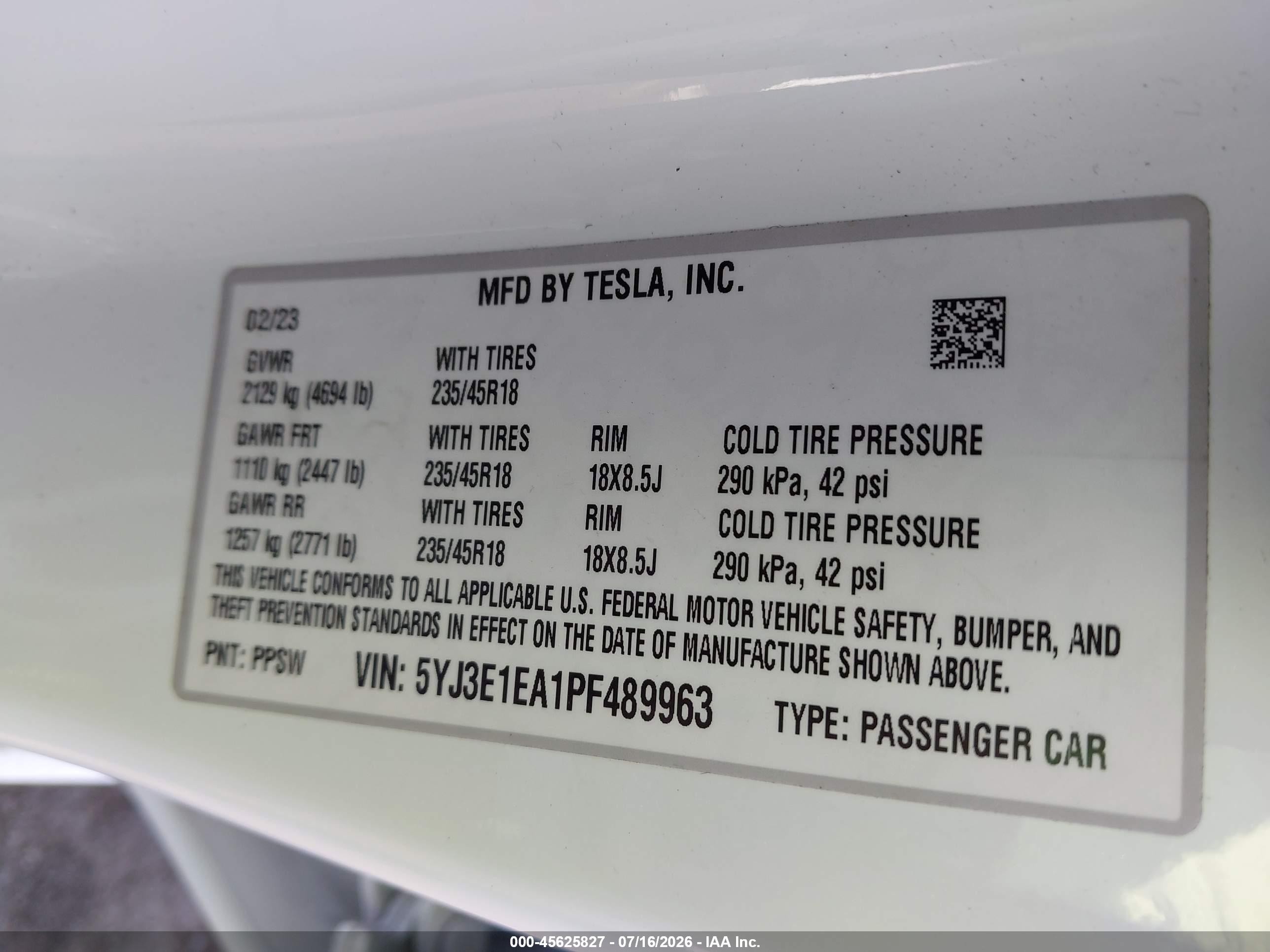 2023 Tesla Model 3 VIN 5YJ3E1EA1PF489963 IAAI salvage auction — Front End, Salvage Certificate (California), sold $5,500 on 2026-09-14 (photo 9)