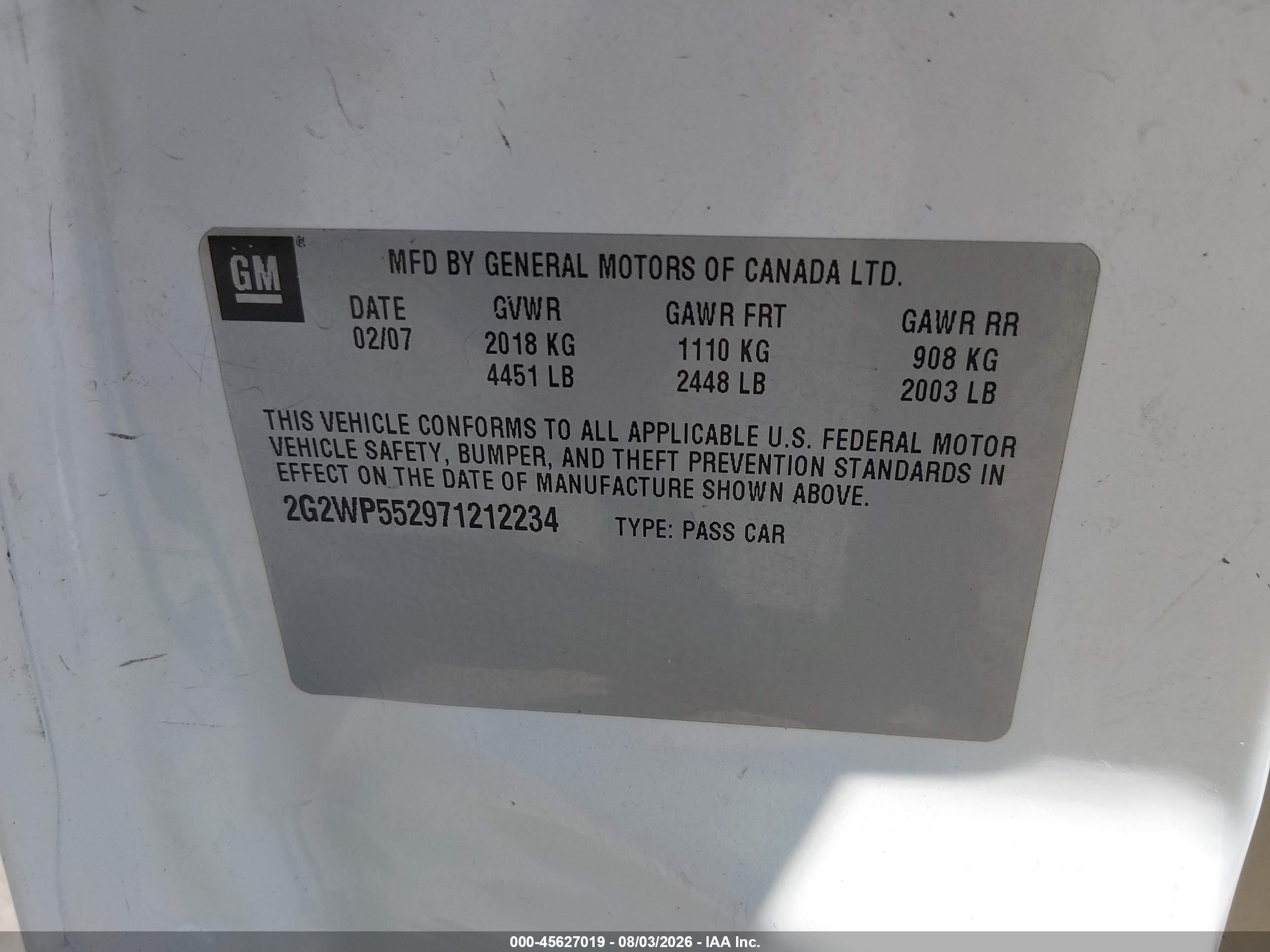 2007 Pontiac Grand prix VIN 2G2WP552971212234 IAAI salvage auction — Side, Nrc Lienholder Repossession Paperwork (New Mexico), sold $575 on 2026-09-09 (photo 9)