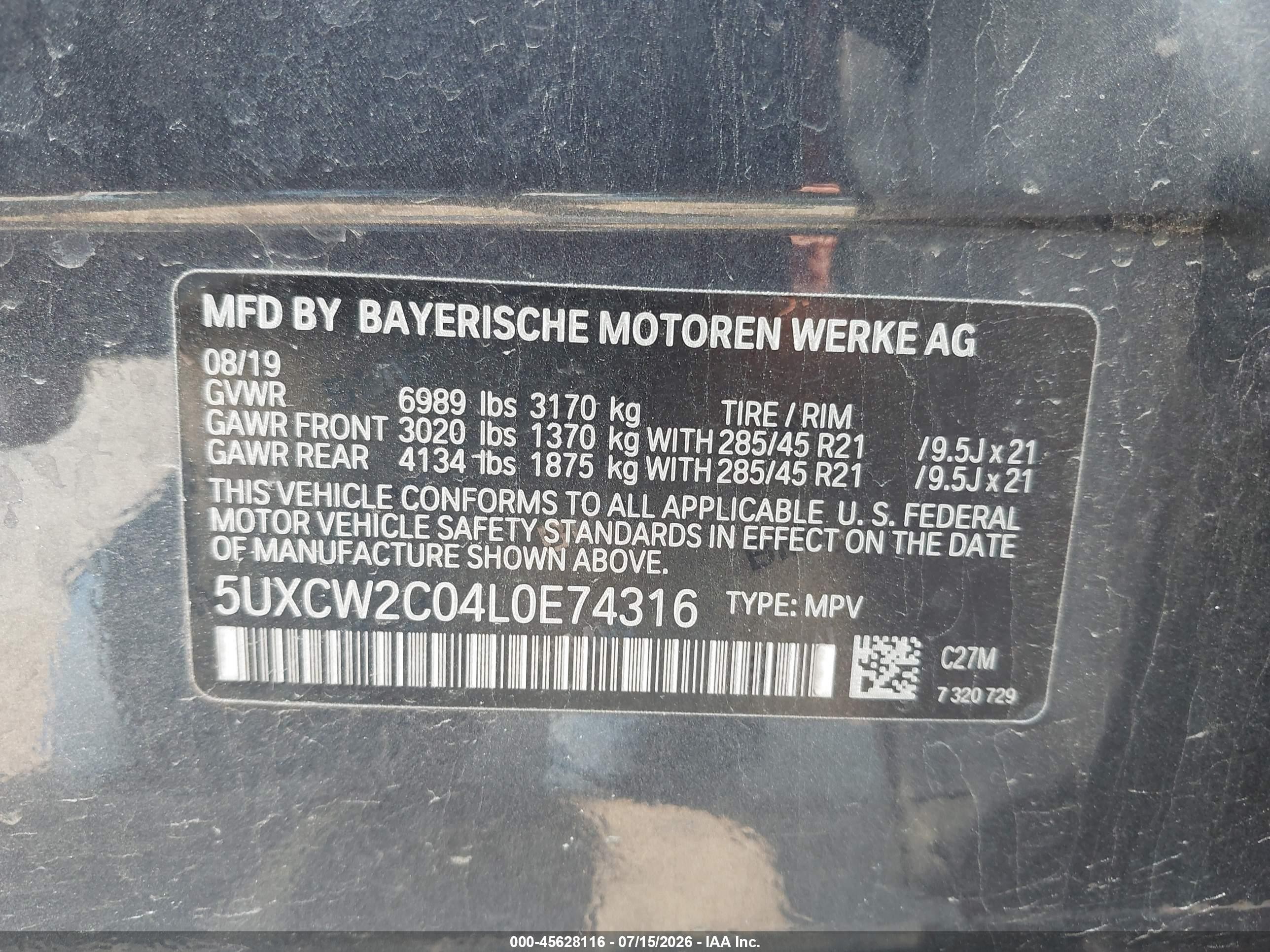 2020 BMW X7 VIN 5UXCW2C04L0E74316 IAAI salvage auction — Rear End, Salvage (Indiana), sold $18,700 on 2026-08-25 (photo 9)
