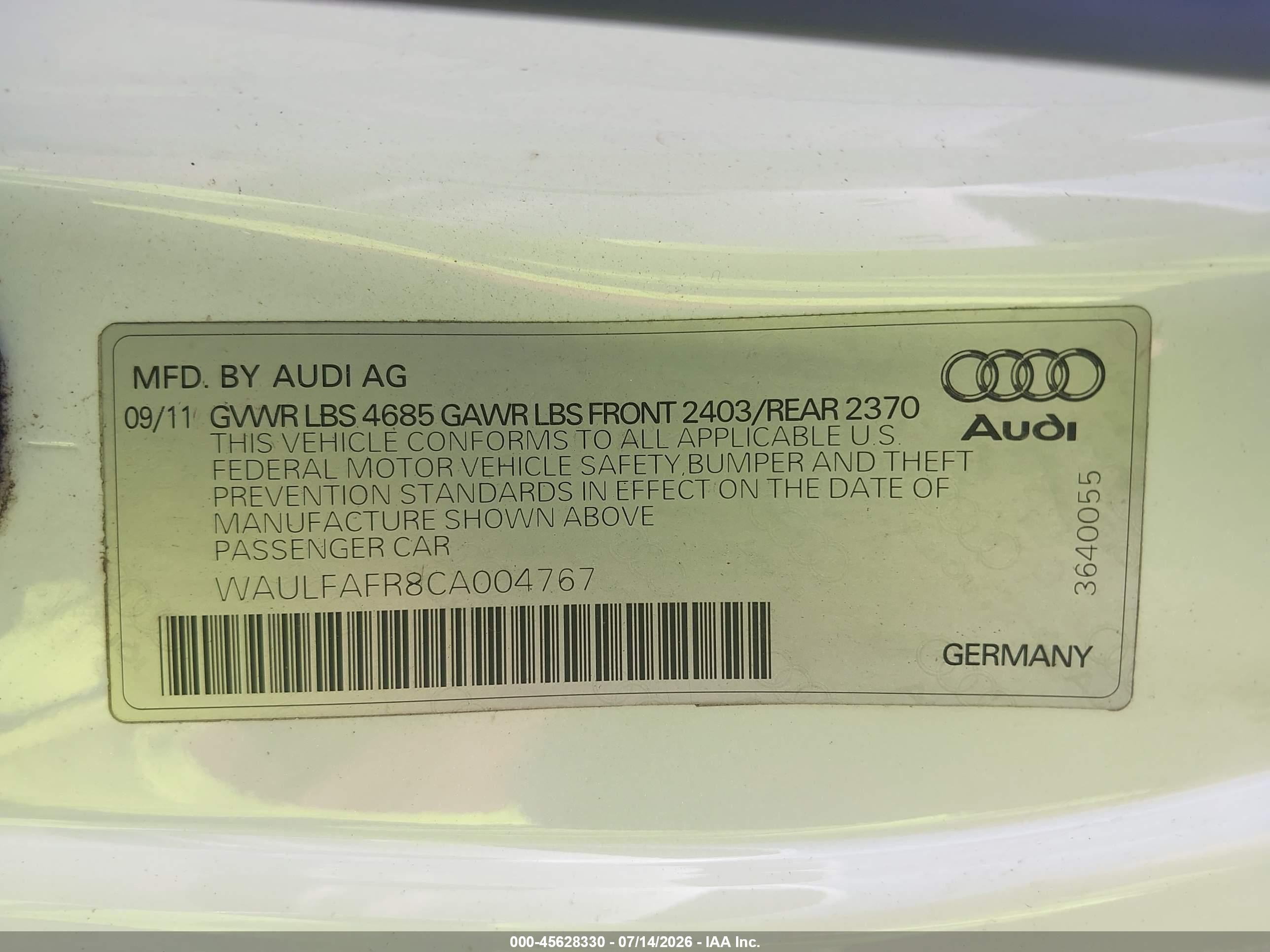 2012 Audi A5 VIN WAULFAFR8CA004767 IAAI salvage auction — Normal Wear, Clear (Michigan), sold $1,025 on 2026-09-25 (photo 9)