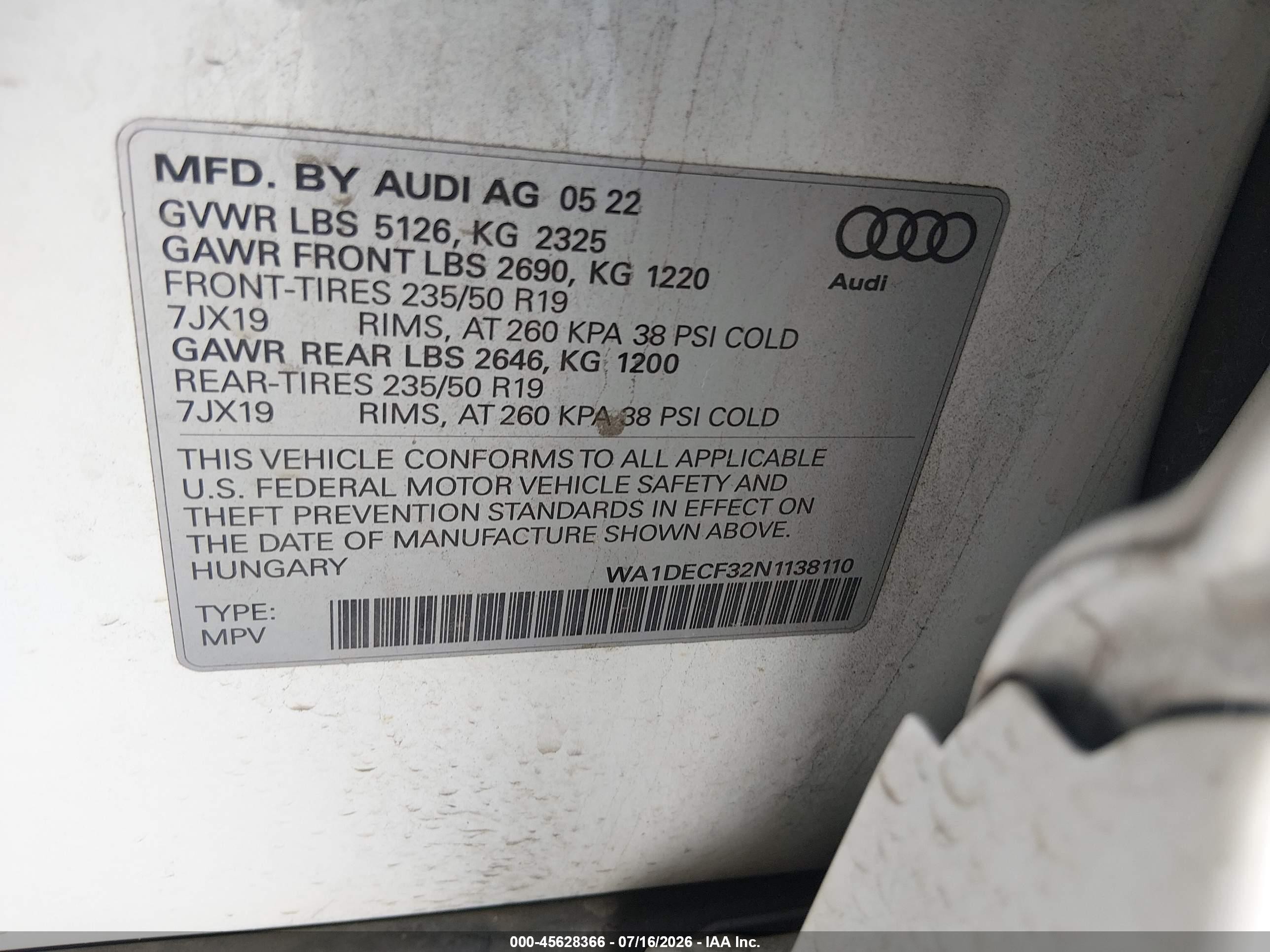 2022 Audi Q3 VIN WA1DECF32N1138110 IAAI salvage auction — Rear End, Original (Texas), sold $9,400 on 2026-09-25 (photo 9)