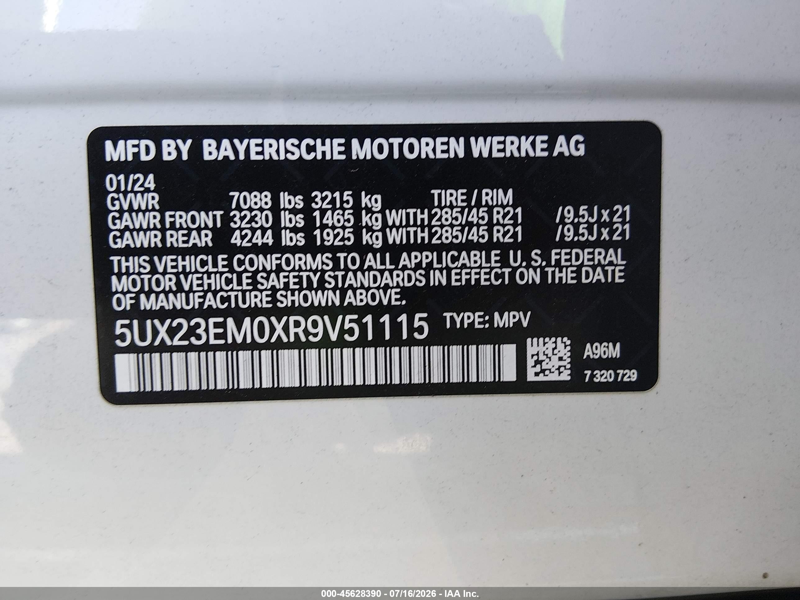 2024 BMW X7 VIN 5UX23EM0XR9V51115 IAAI salvage auction — Rear End, Clear (South Carolina), sold $29,000 on 2026-09-11 (photo 9)