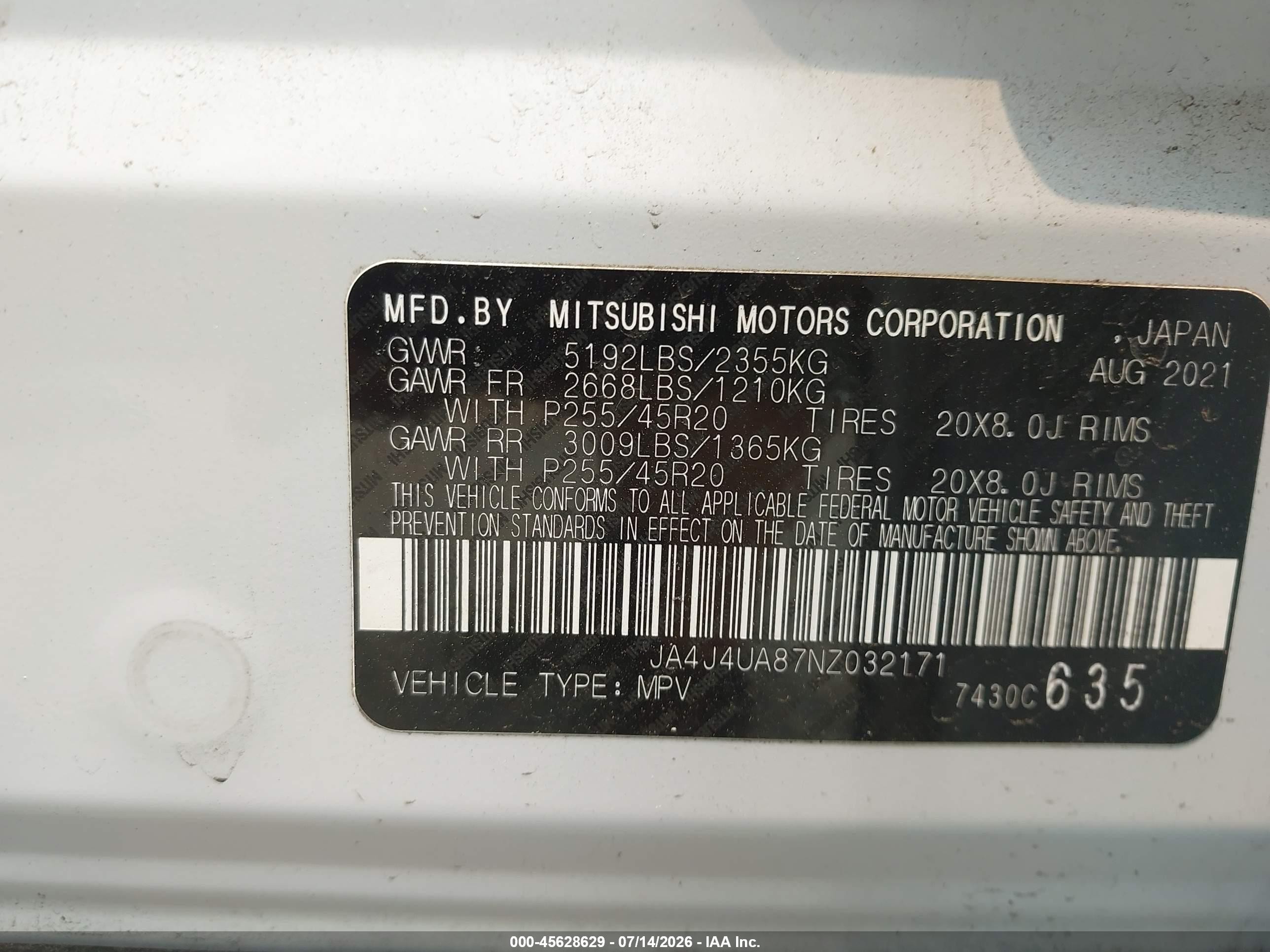 2022 Mitsubishi Outlander VIN JA4J4UA87NZ032171 IAAI salvage auction — Front & Rear, Salvage (New Jersey), sold $6,800 on 2026-09-13 (photo 9)